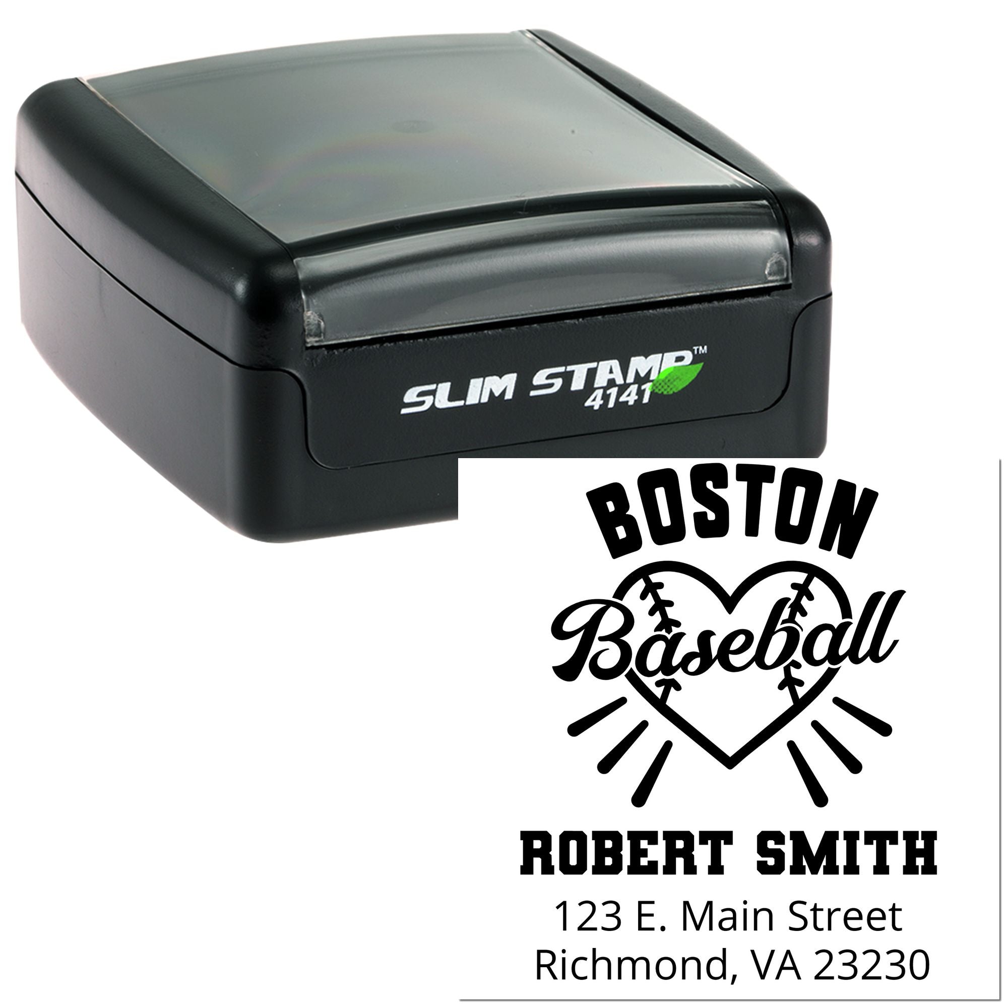 Custom self-inking rubber stamp with Boston baseball design, Robert Smith name, and Richmond, VA address.