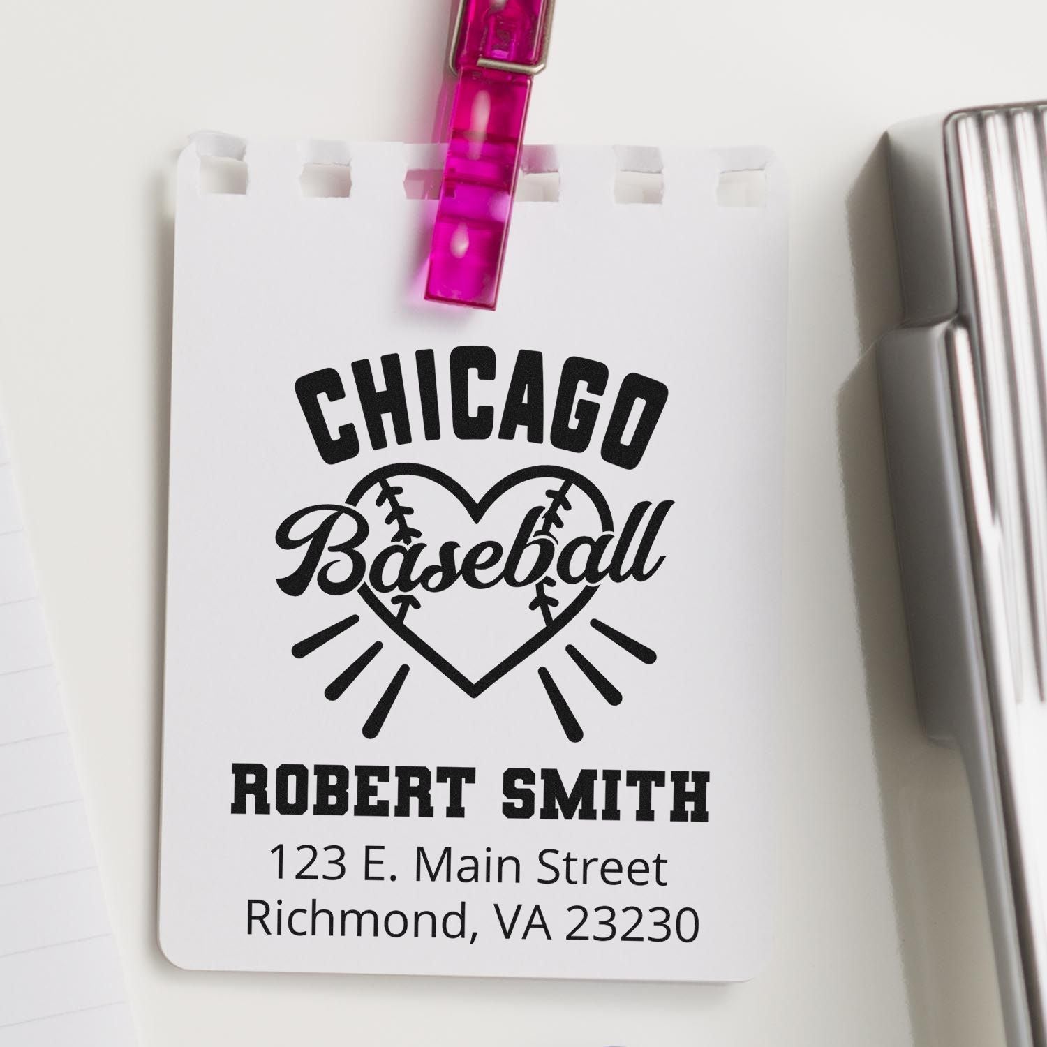 Custom baseball rubber stamp with Chicago heart design, Robert Smith name, and Richmond, VA address.