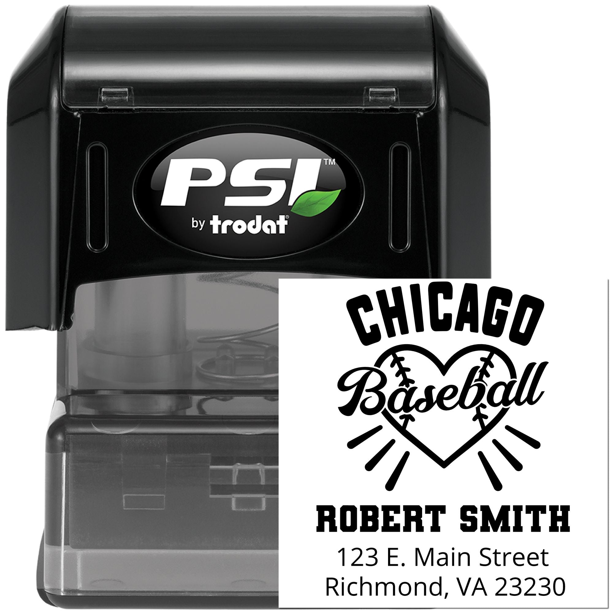 Custom self-inking rubber stamp by PSI Trodat with Chicago baseball logo, Robert Smith name, and Richmond, VA address.