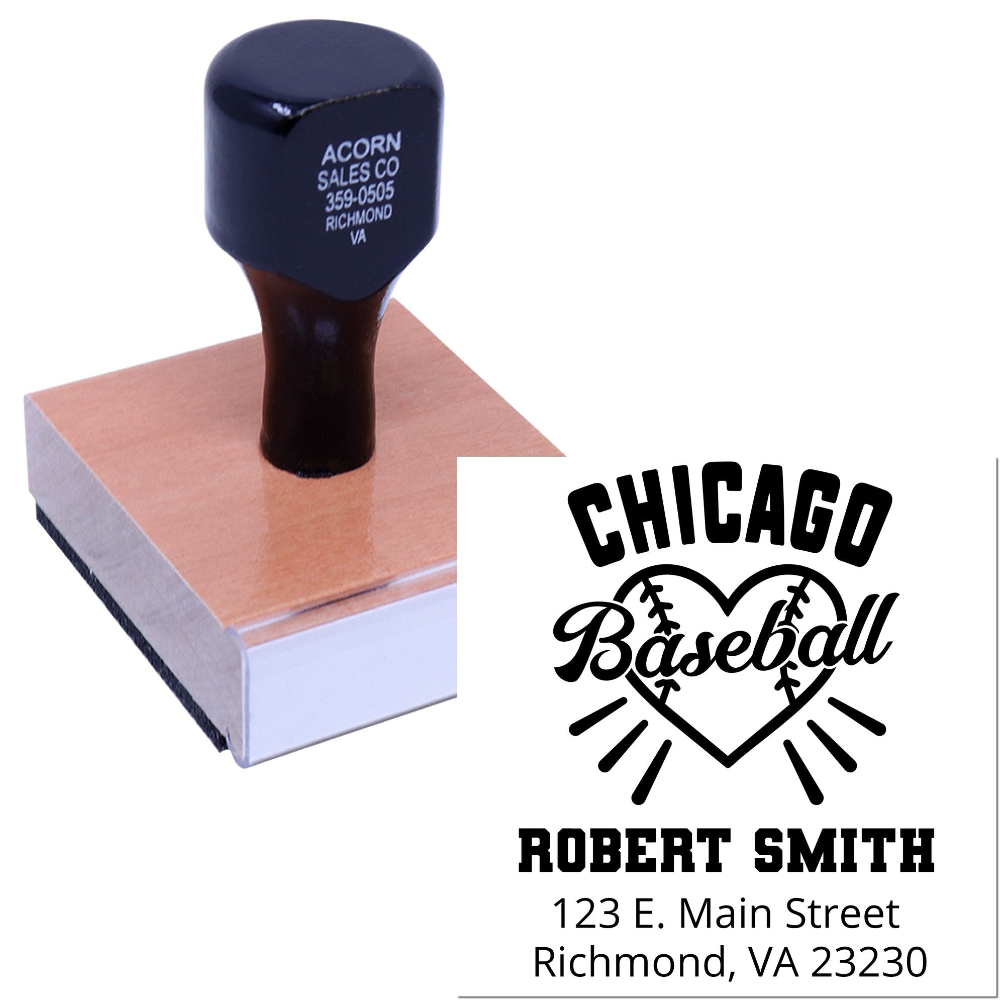 Custom baseball rubber stamp with Chicago logo, Robert Smith name, and Richmond, VA address for personalized mailing.