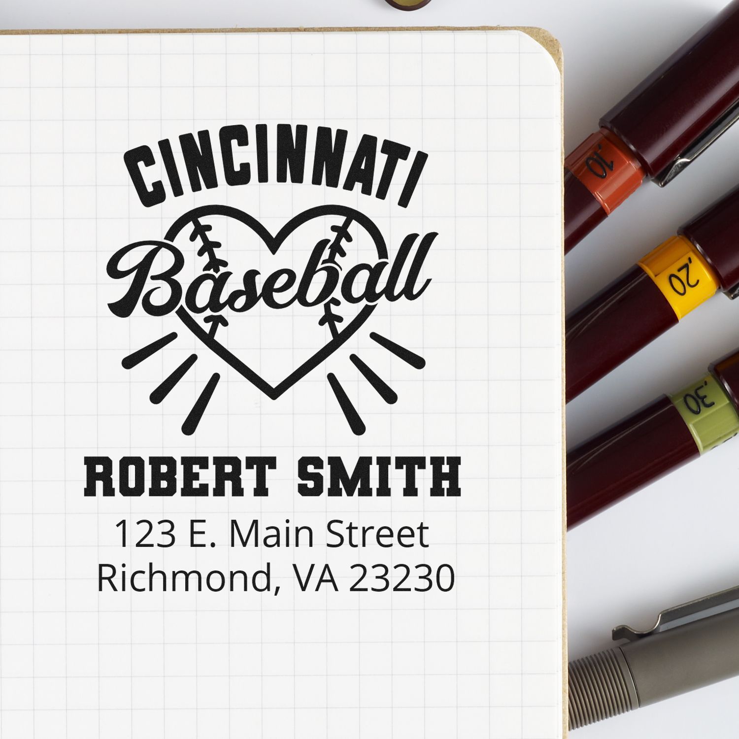 Custom Cincinnati baseball rubber stamp design with name and address for personalized stationery and mail.
