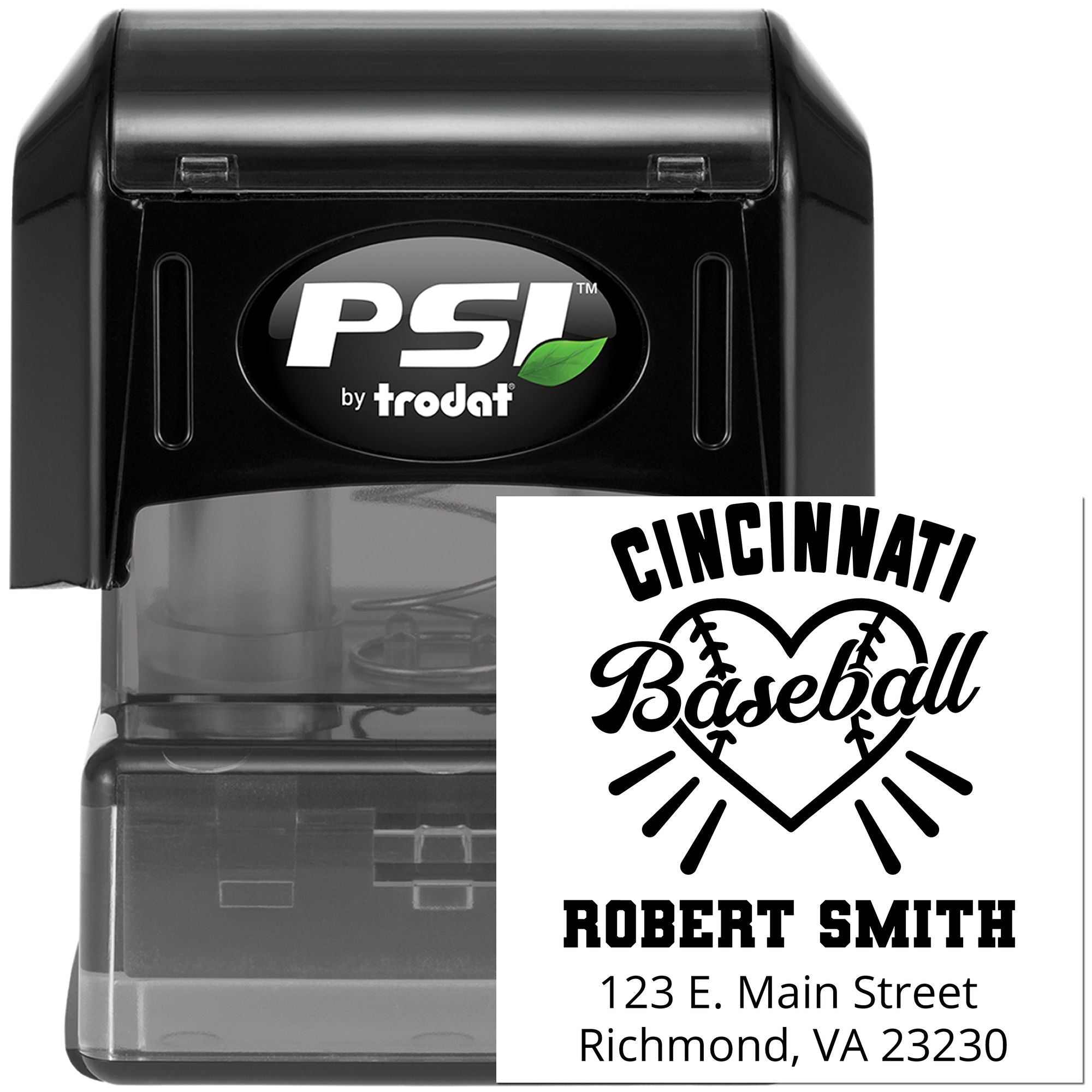 Custom Cincinnati baseball self-inking rubber stamp by PSI Trodat with personalized name and address for return addressing.