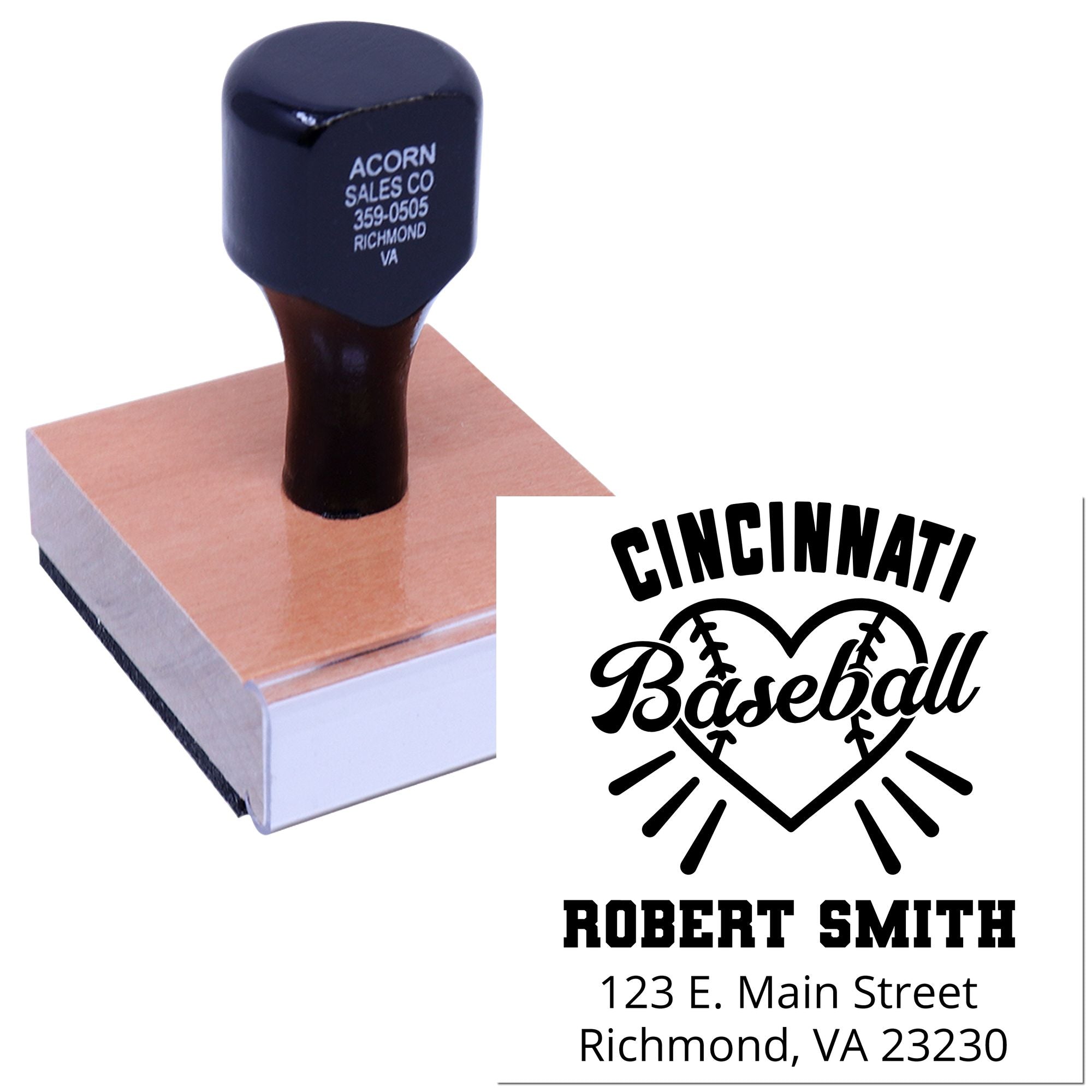 Custom self-inking rubber stamp with Cincinnati baseball design and personalized address for mailing, branding, or gifts.