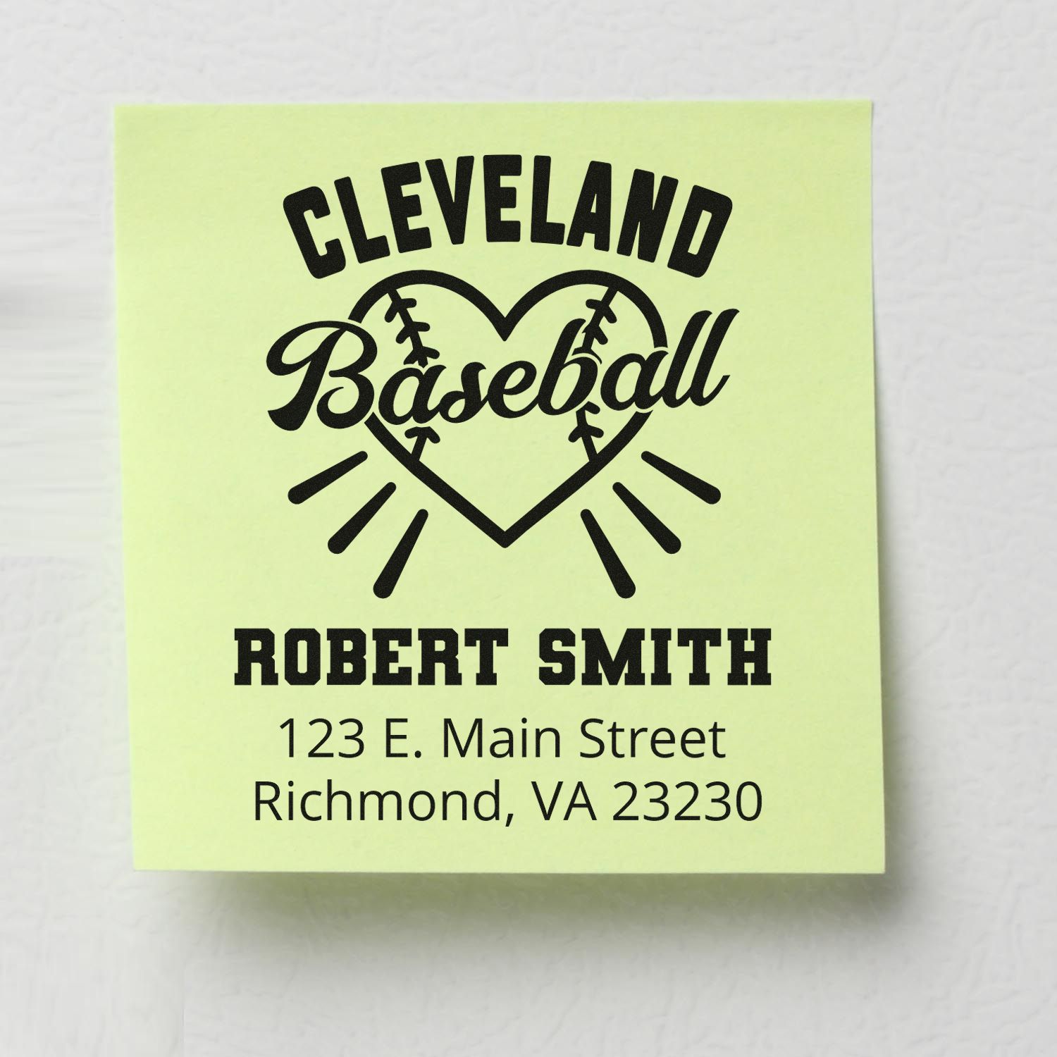 Custom Cleveland baseball rubber stamp with heart logo, Robert Smith name, and Richmond, VA address for personalized branding.
