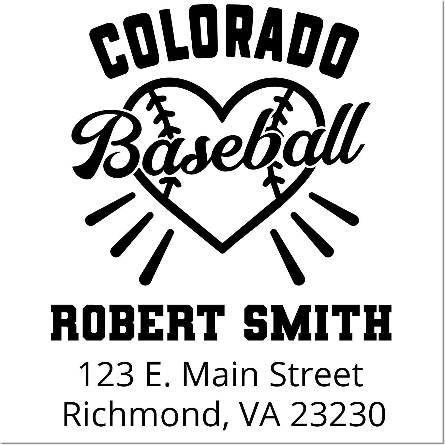 Custom Colorado baseball rubber stamp with heart logo, Robert Smith name, and Richmond, VA address.