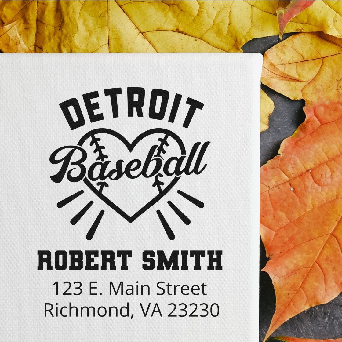 Detroit Baseball custom rubber stamp with Robert Smith address, ideal for personalized mailing and sports-themed branding.