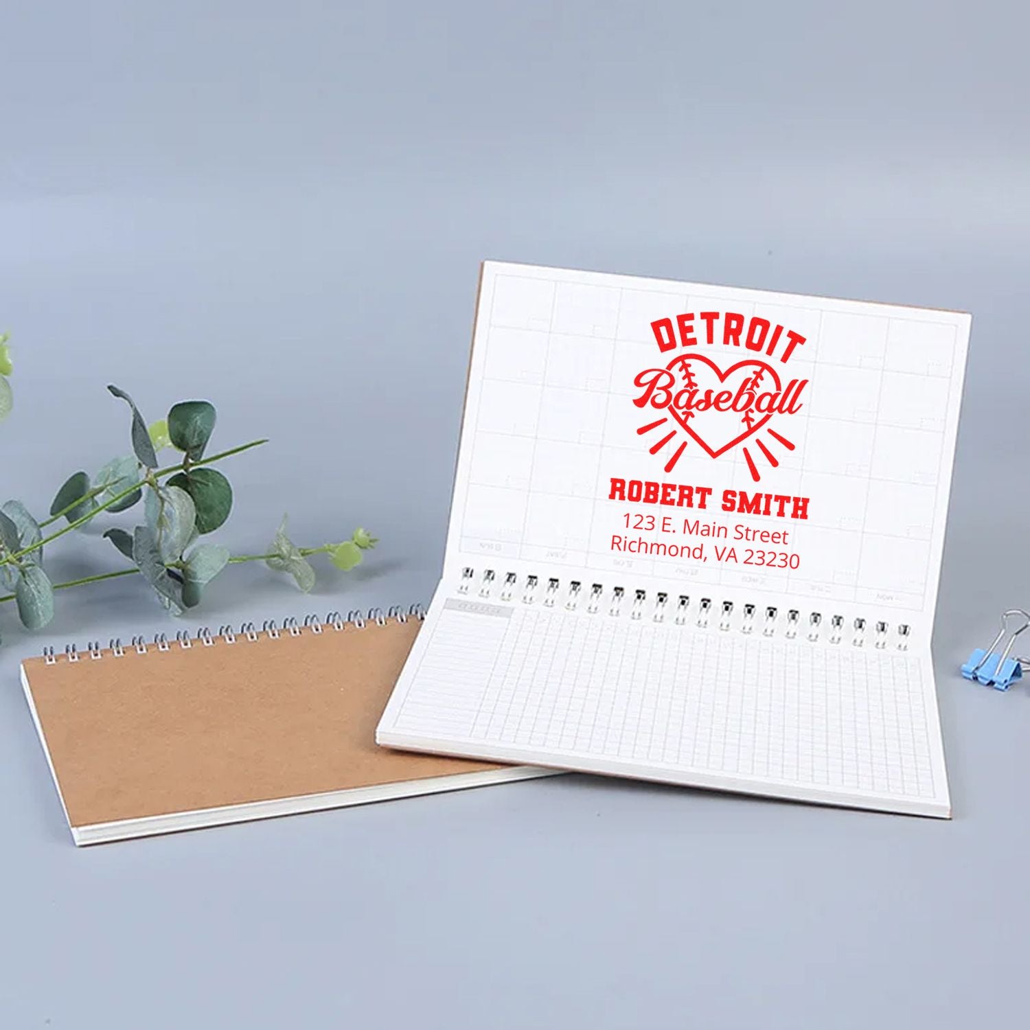 Custom Detroit Baseball address rubber stamp for Robert Smith, featuring Richmond, VA return address on a notebook.