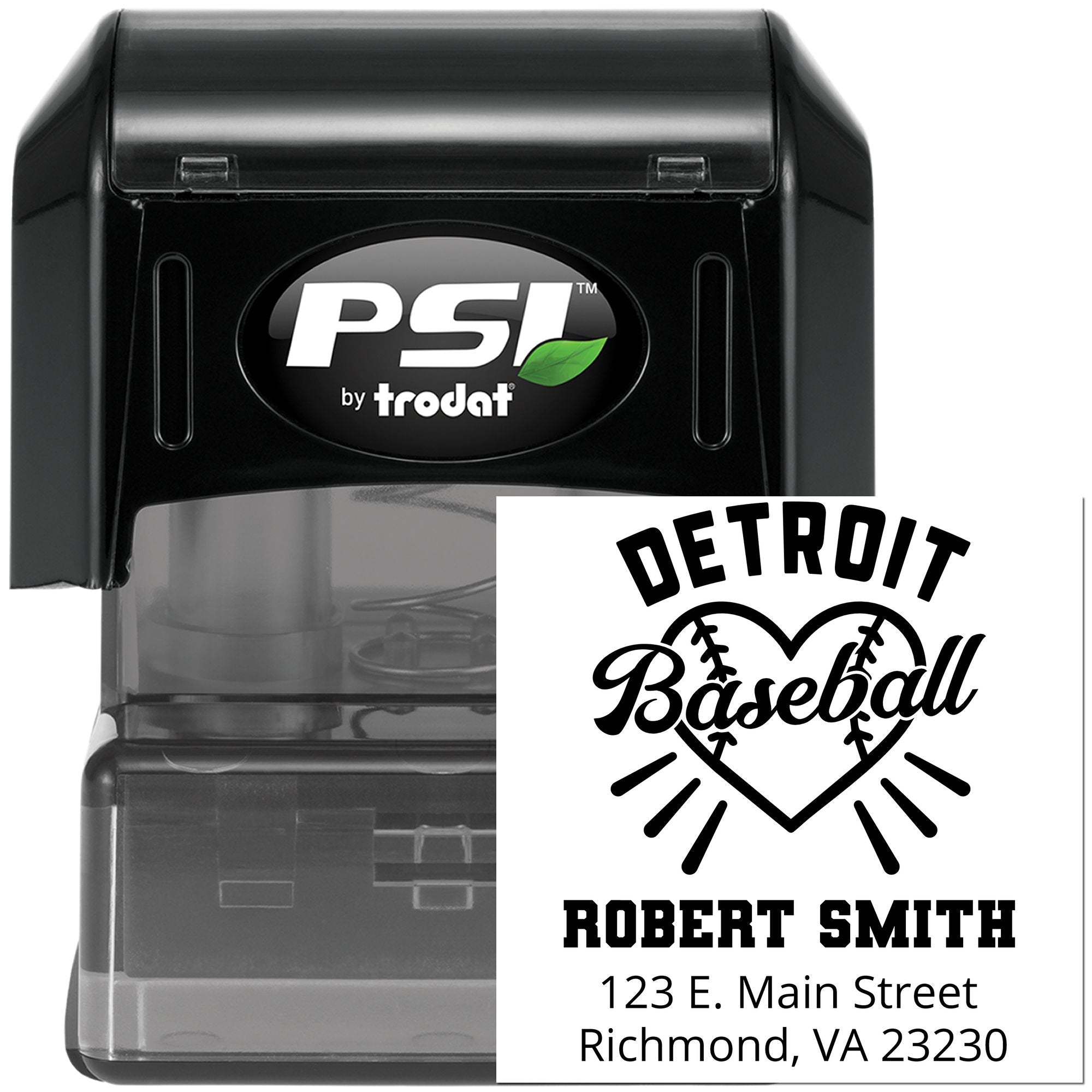 PSI by Trodat self-inking rubber stamp with custom Detroit Baseball logo, Robert Smith name, and return address.