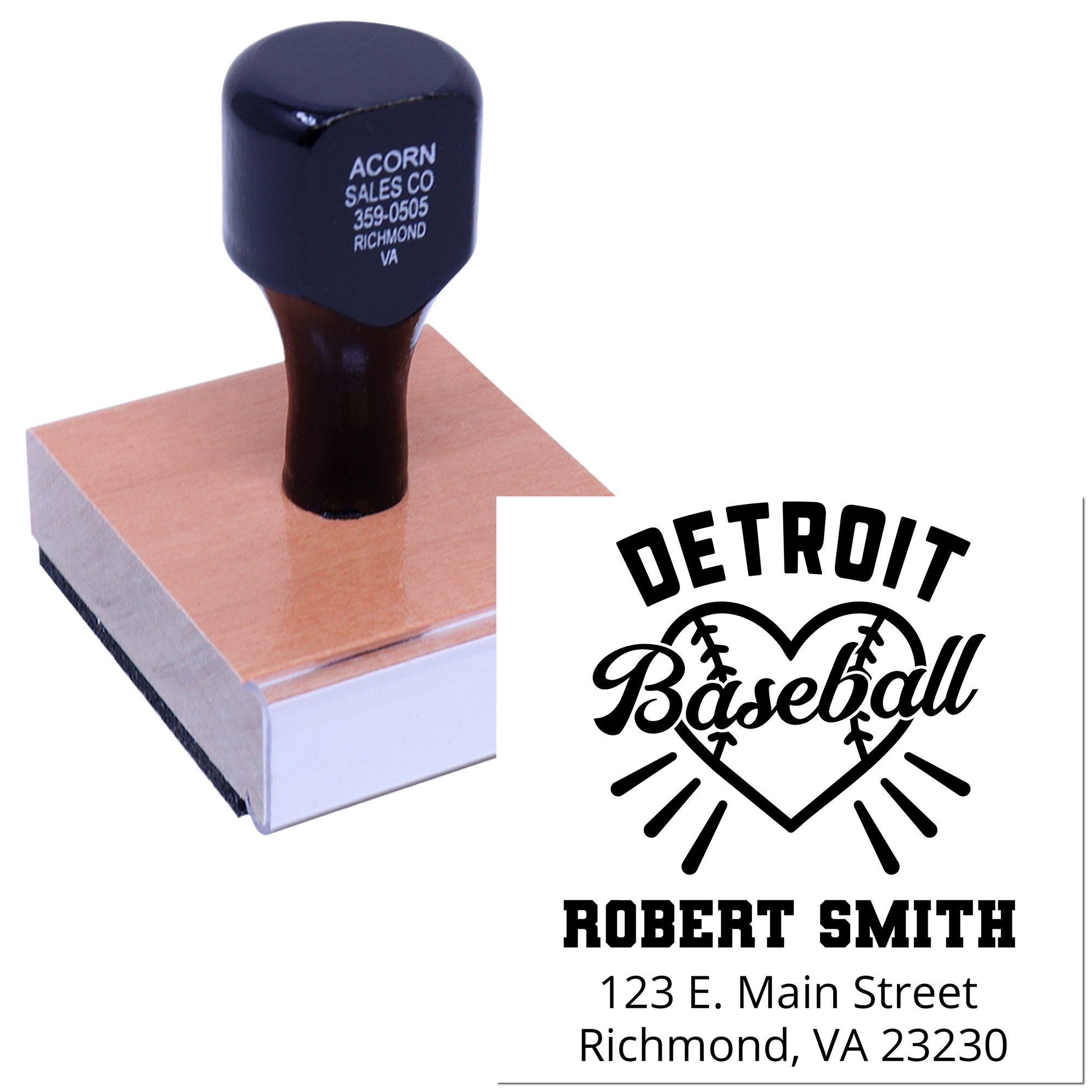 Custom rubber address stamp with Detroit baseball design, name, and full Richmond, VA return address.