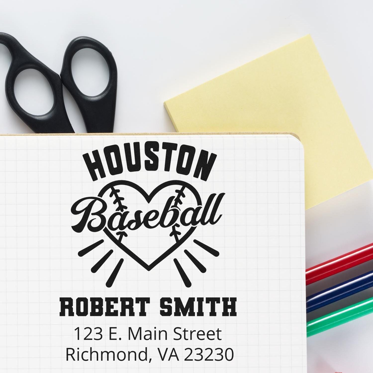 Custom Houston baseball rubber stamp design with Robert Smith name and address, shown with scissors and stationery supplies.