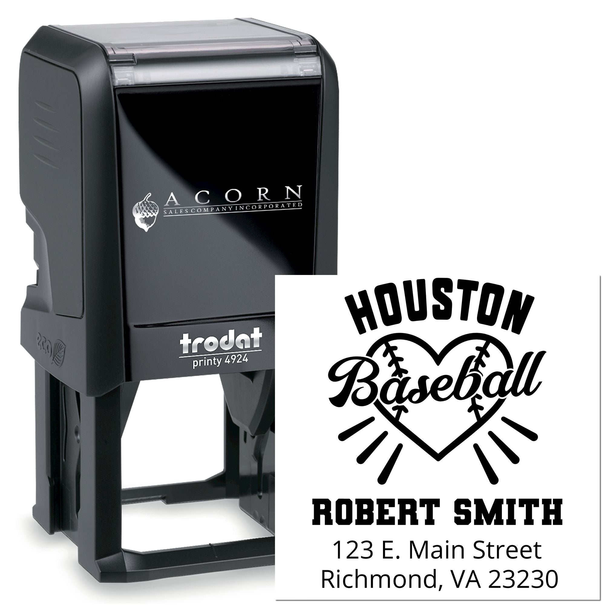 Custom self-inking rubber stamp with baseball heart design, name, and address for personalized business branding.
