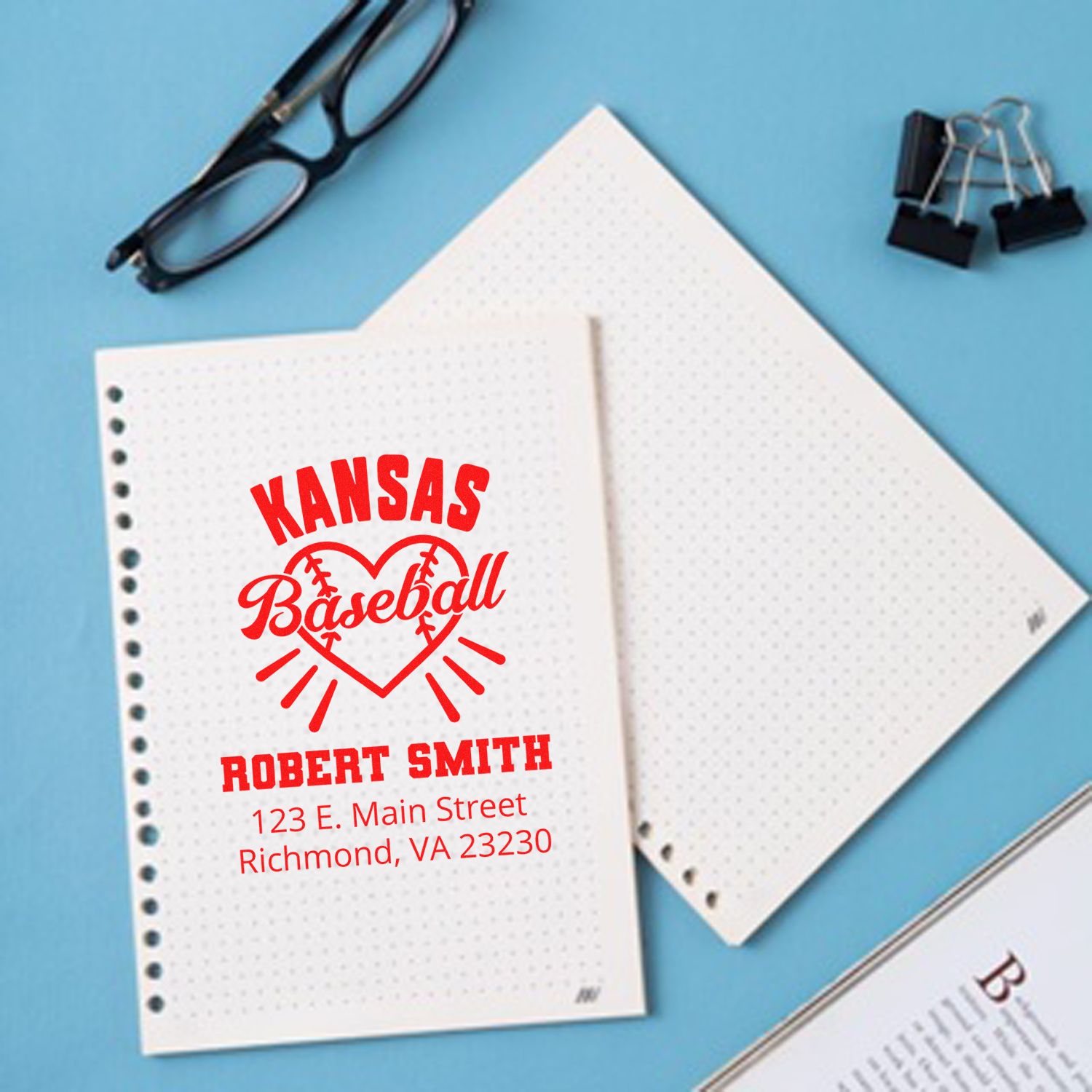 Custom Kansas baseball address rubber stamp with Robert Smith name and Richmond, VA address on notebook paper.