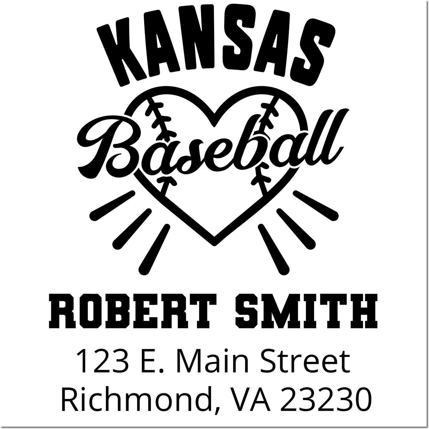 Custom Kansas baseball return address rubber stamp for Robert Smith, 123 E. Main Street, Richmond, VA 23230.
