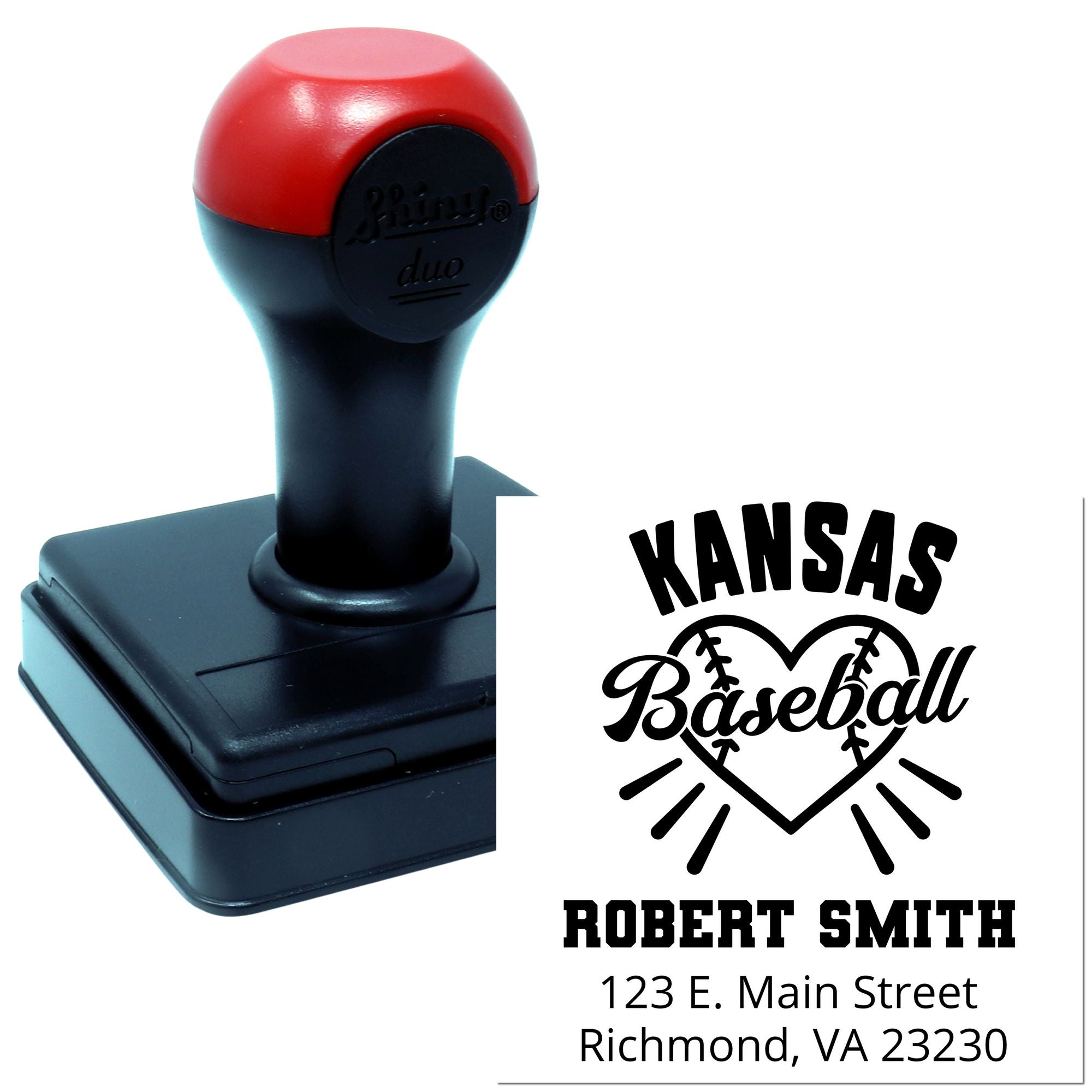 Custom Kansas baseball return address rubber stamp with self-inking stamp for Robert Smith and mailing address.