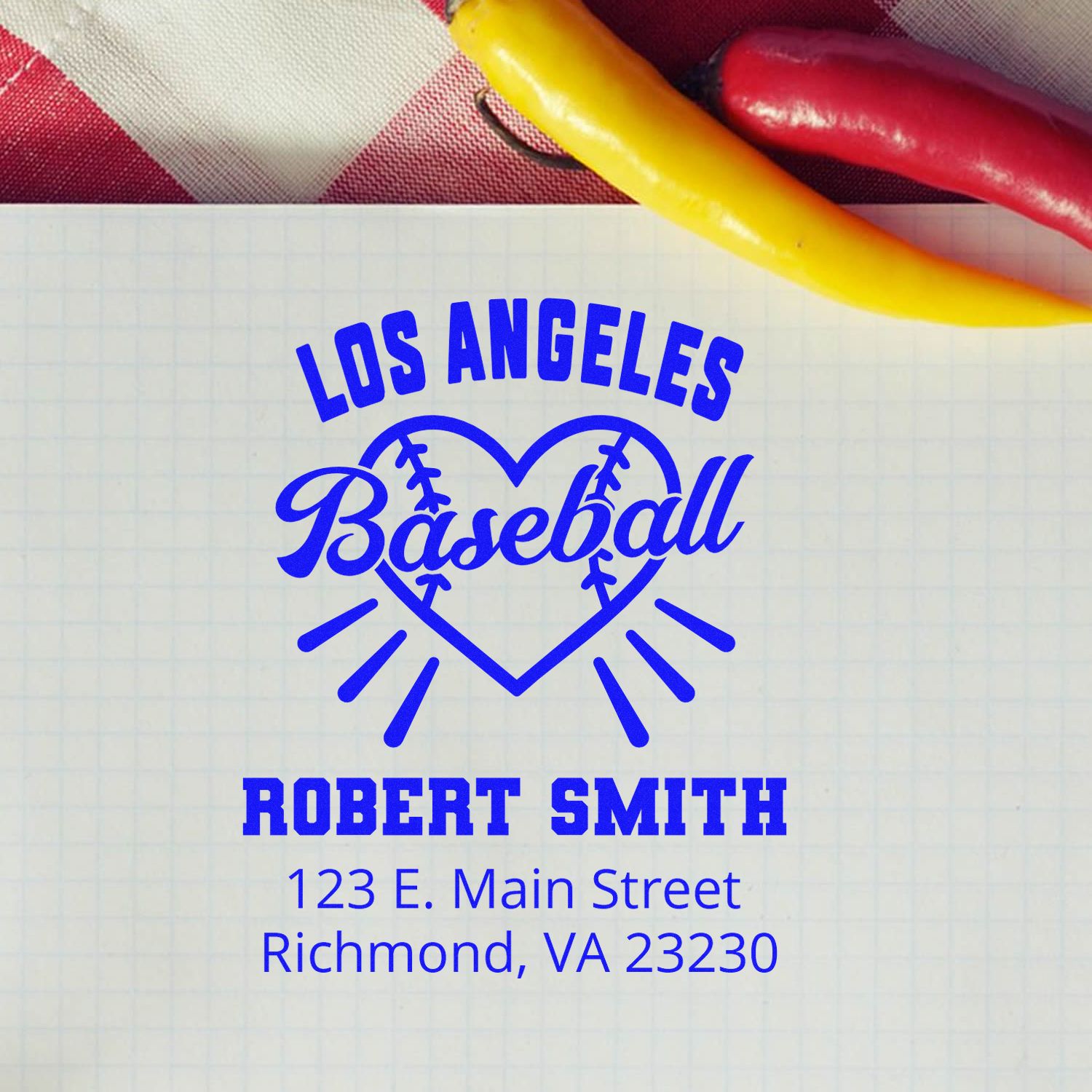 Custom baseball address stamp for Los Angeles Baseball fans with Robert Smith name and Richmond, VA return address.