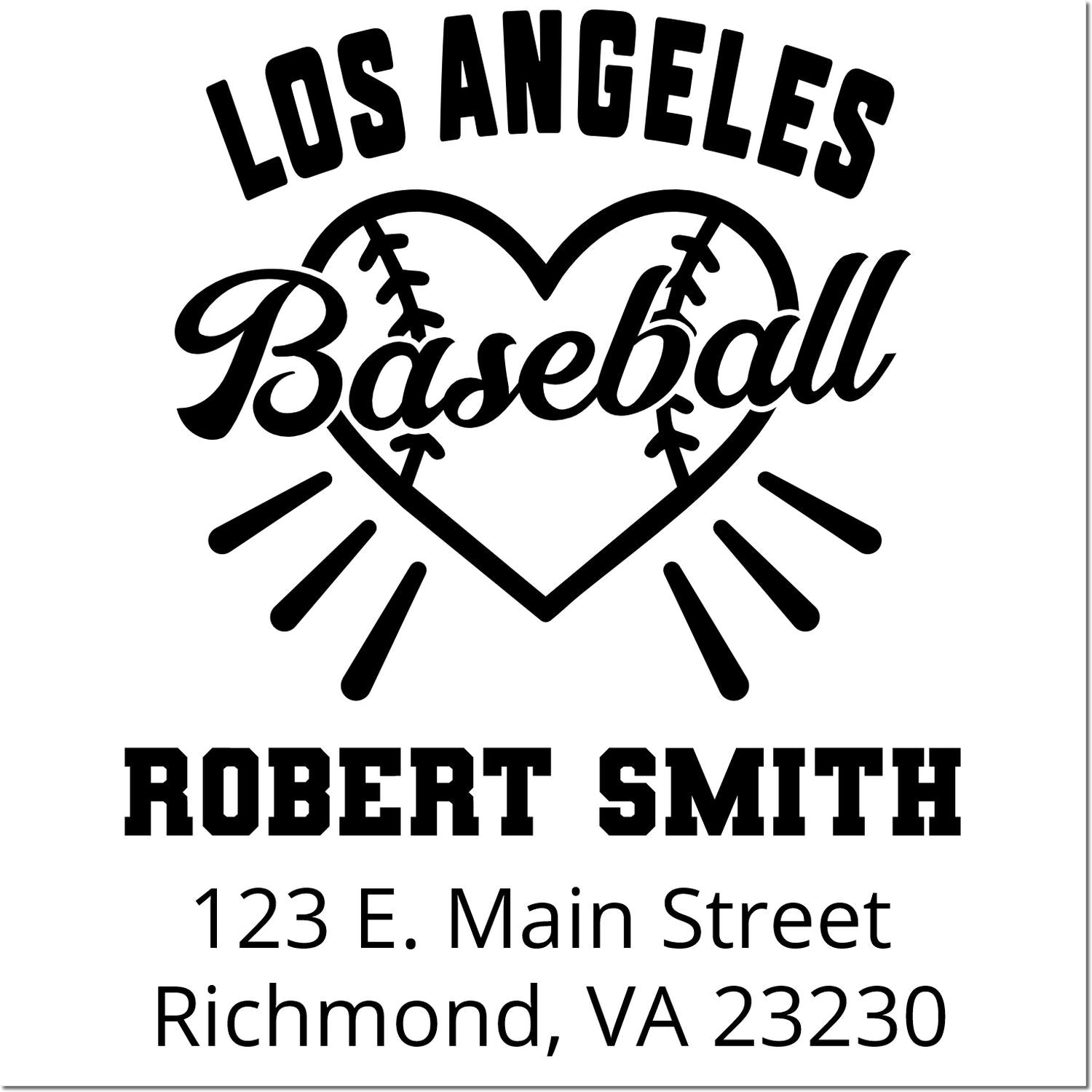 Personalized Los Angeles baseball rubber stamp with heart logo, Robert Smith, and Richmond, VA address.