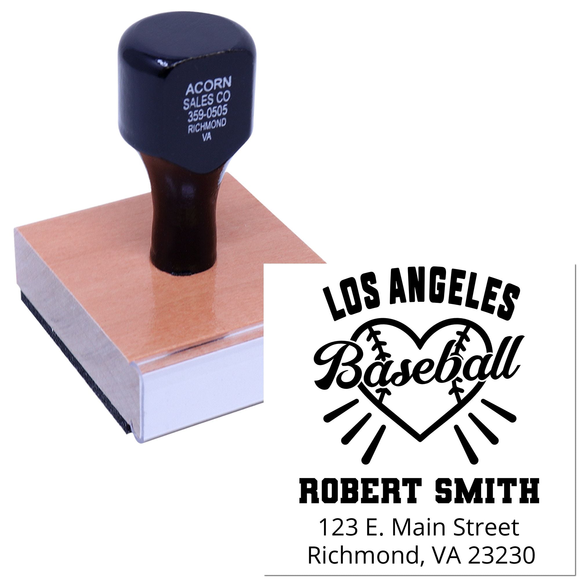 Custom baseball rubber stamp imprint with Los Angeles Baseball logo and Robert Smith address on a wood-mounted stamp.