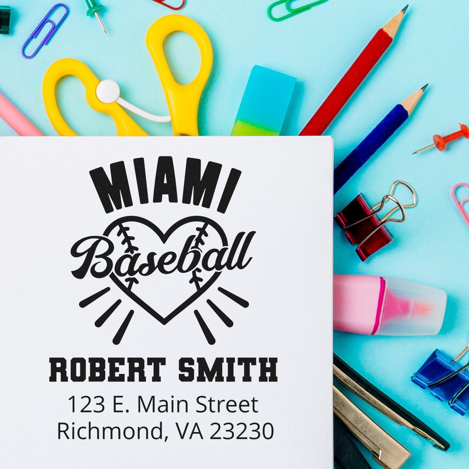 Personalized baseball rubber stamp mockup with Miami Baseball, Robert Smith, and Richmond, VA address for custom mailing.