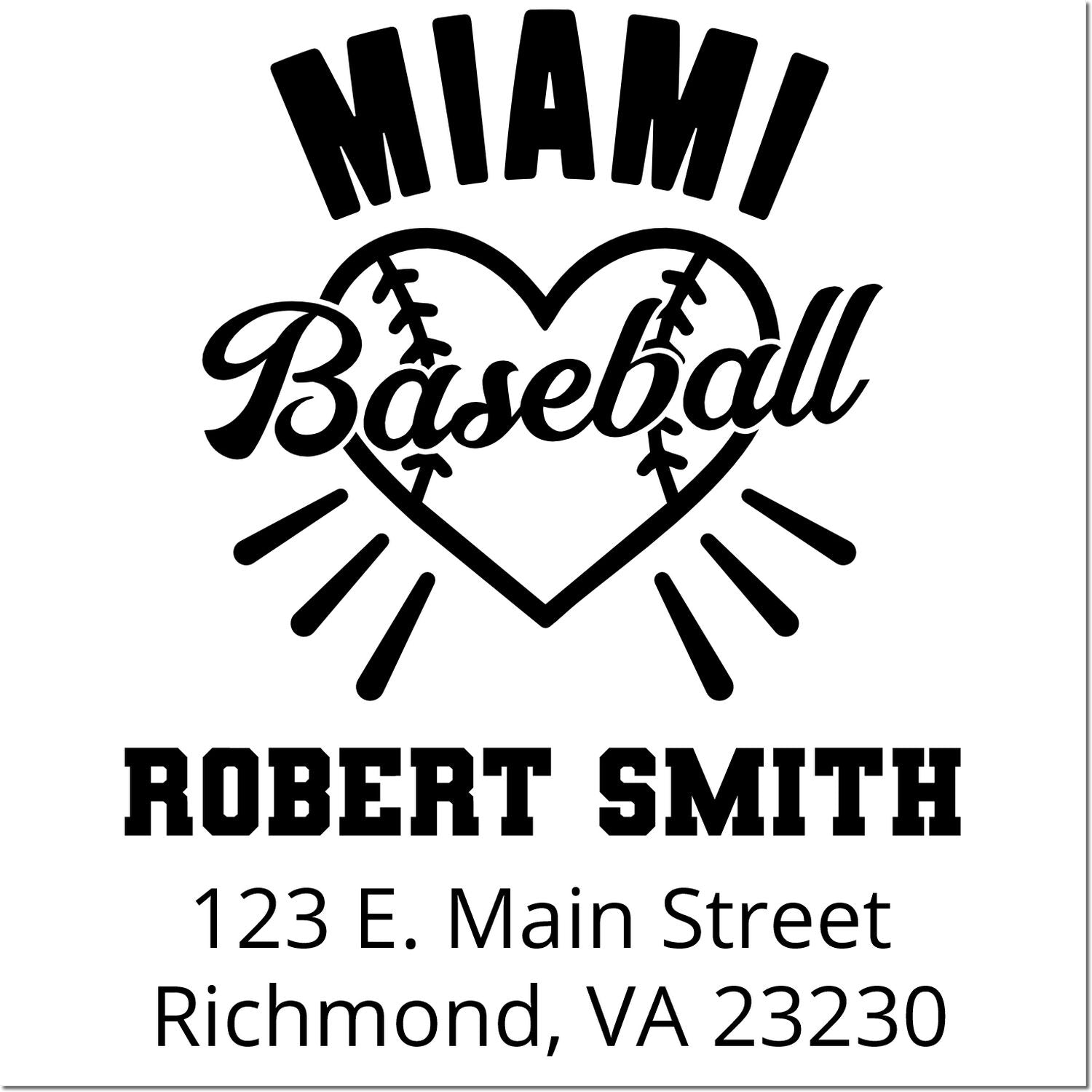 Custom baseball heart rubber stamp for Miami, featuring Robert Smith and return address in Richmond, VA.