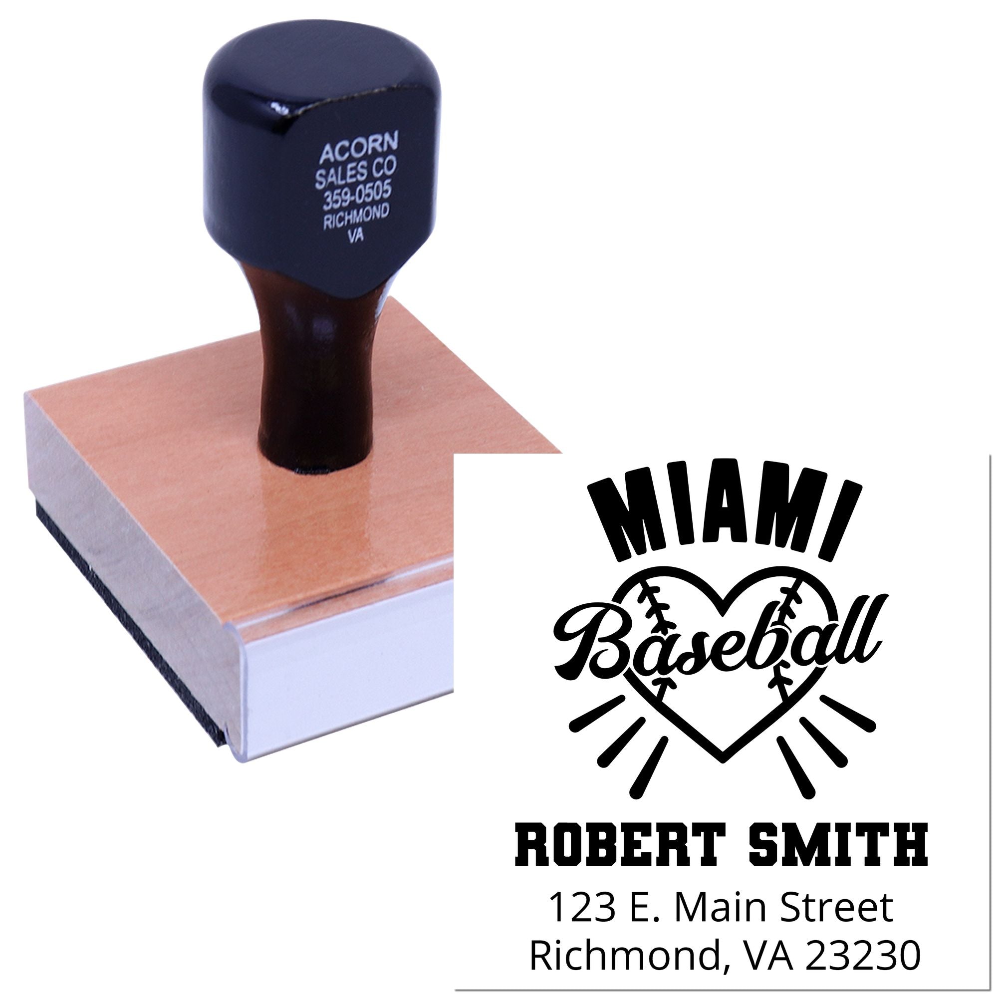 Custom baseball rubber stamp with heart logo, name and address for personalized mail, business or fan branding.