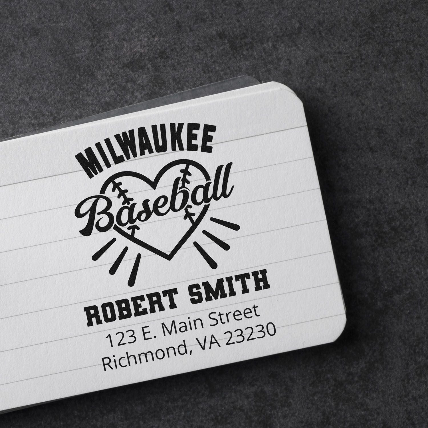 Custom Milwaukee baseball rubber stamp with name and address for personalized stationery.