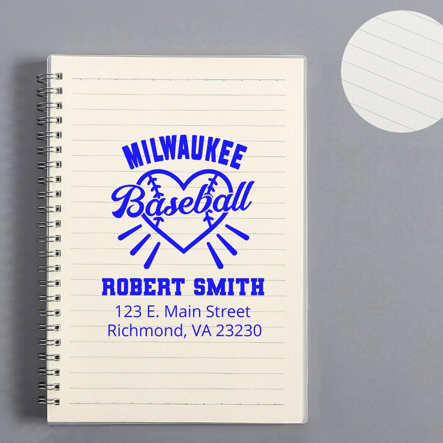Custom Milwaukee baseball return address rubber stamp with heart-and-bats design, personalized for Robert Smith.