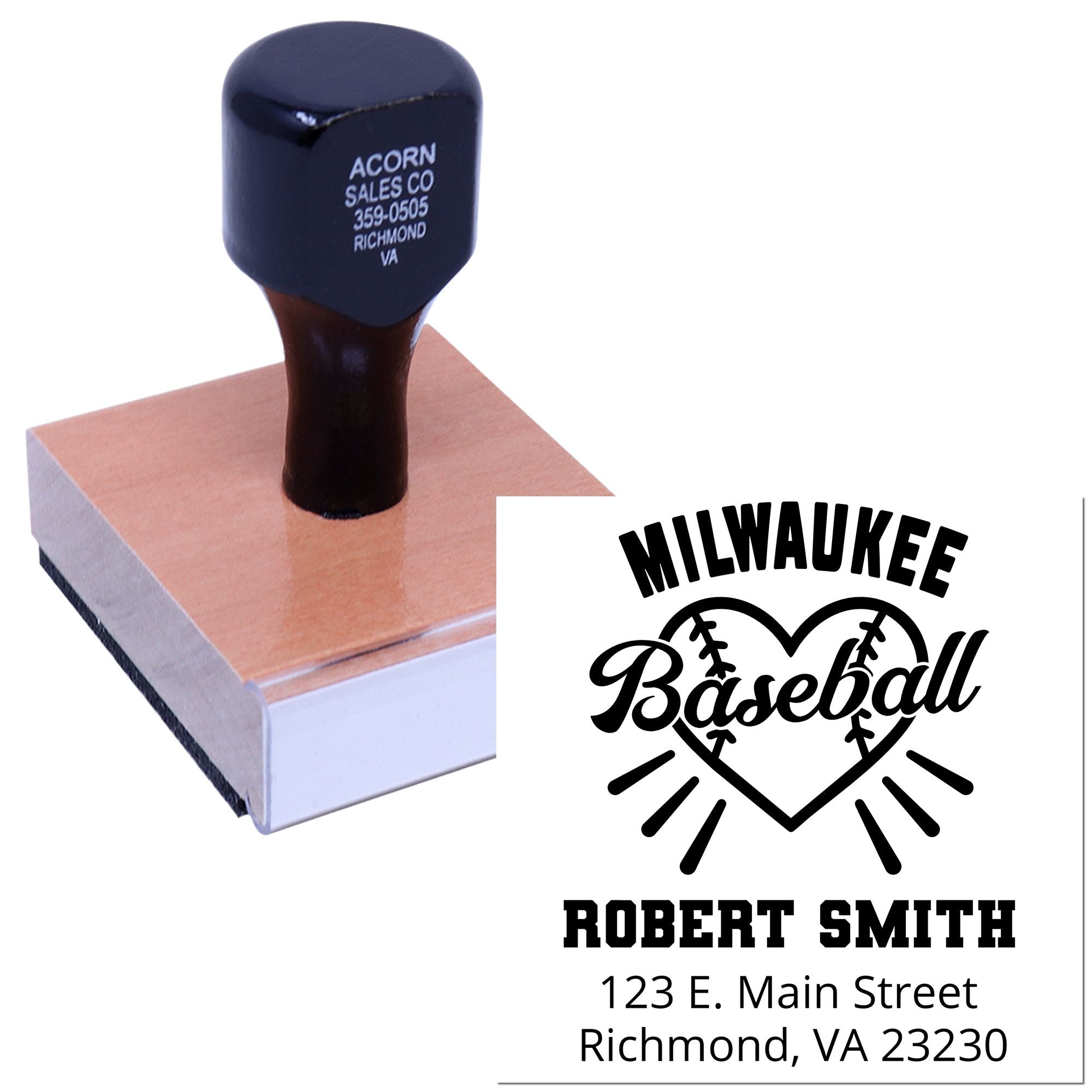 Custom baseball rubber stamp with Milwaukee Baseball design, Robert Smith name, and Richmond, VA address for branding and mailing.