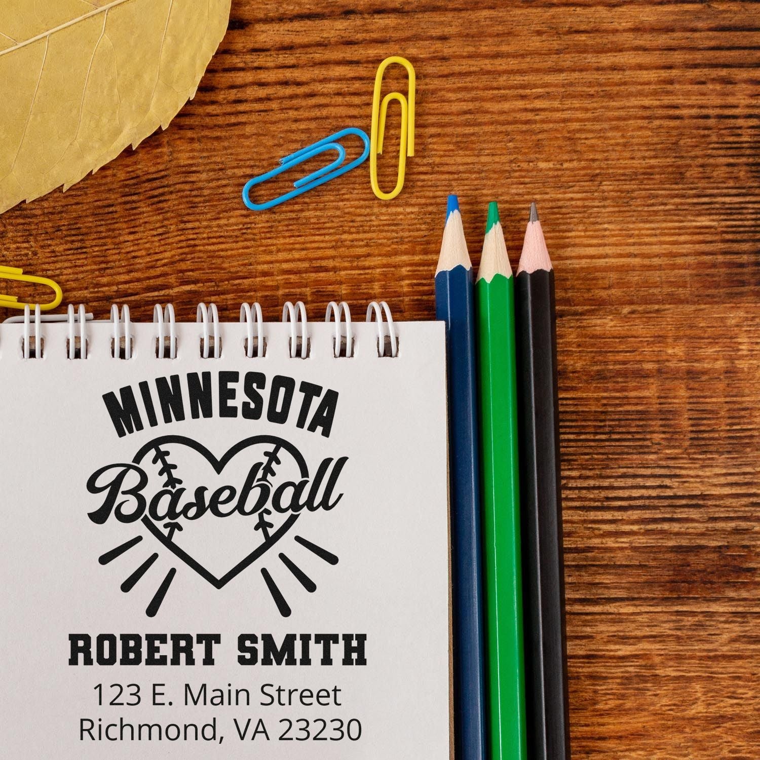 Personalized Minnesota baseball rubber stamp imprint on notepad, ideal for custom return-address labels and sports gifts.