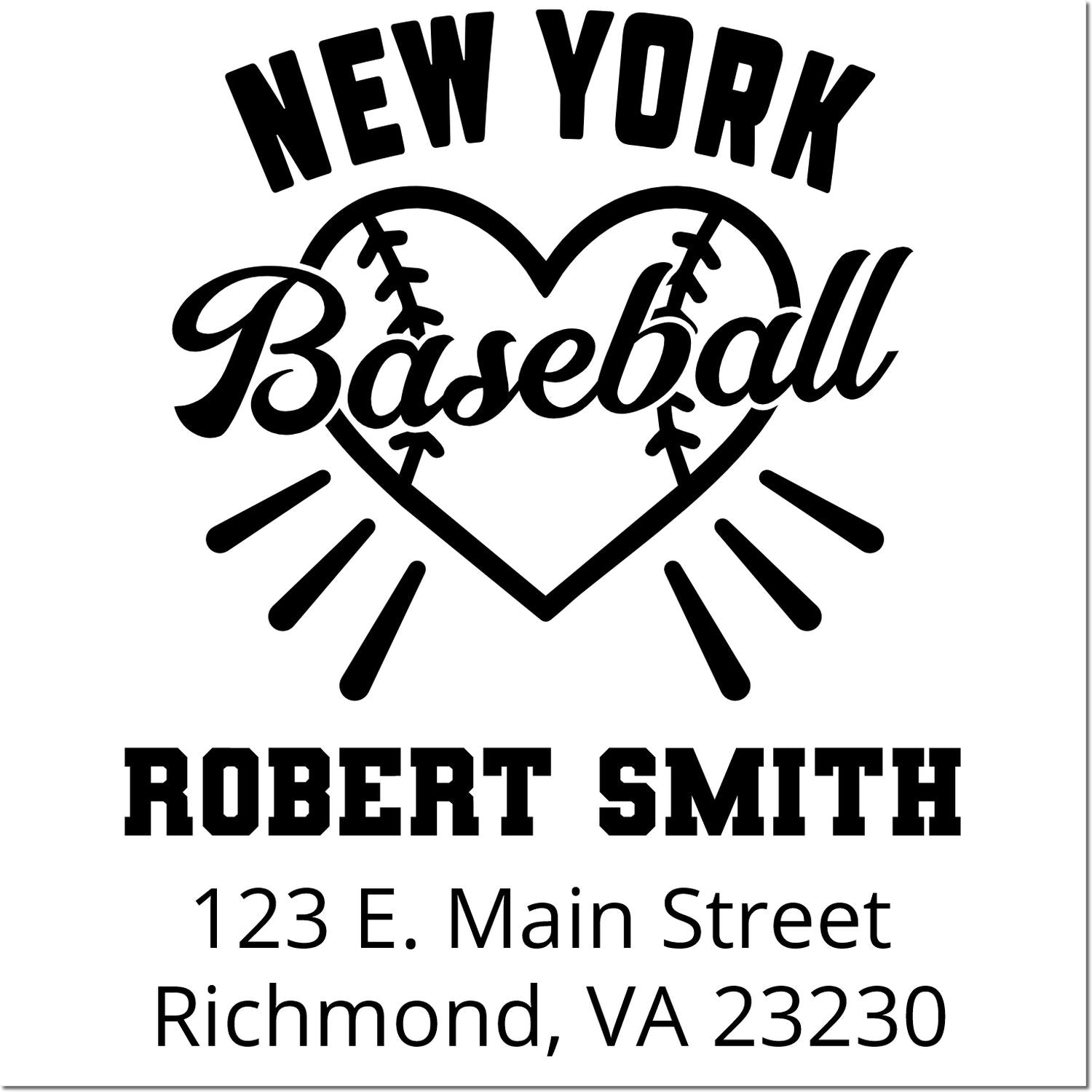 Custom New York Baseball return address rubber stamp with heart logo, Robert Smith name, and Richmond, VA address.