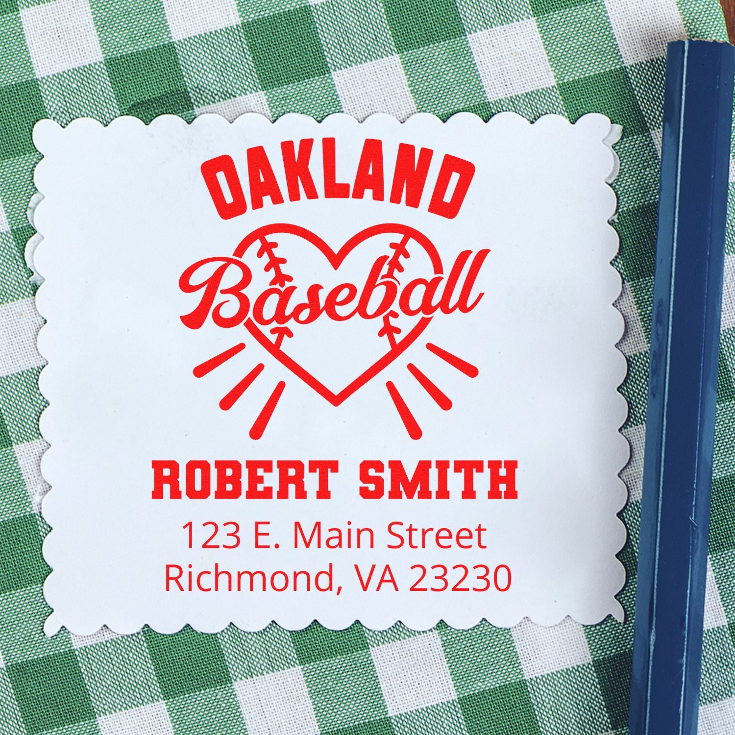 Custom Oakland Baseball rubber stamp with personalized name and address for sports-themed stationery and mailings.