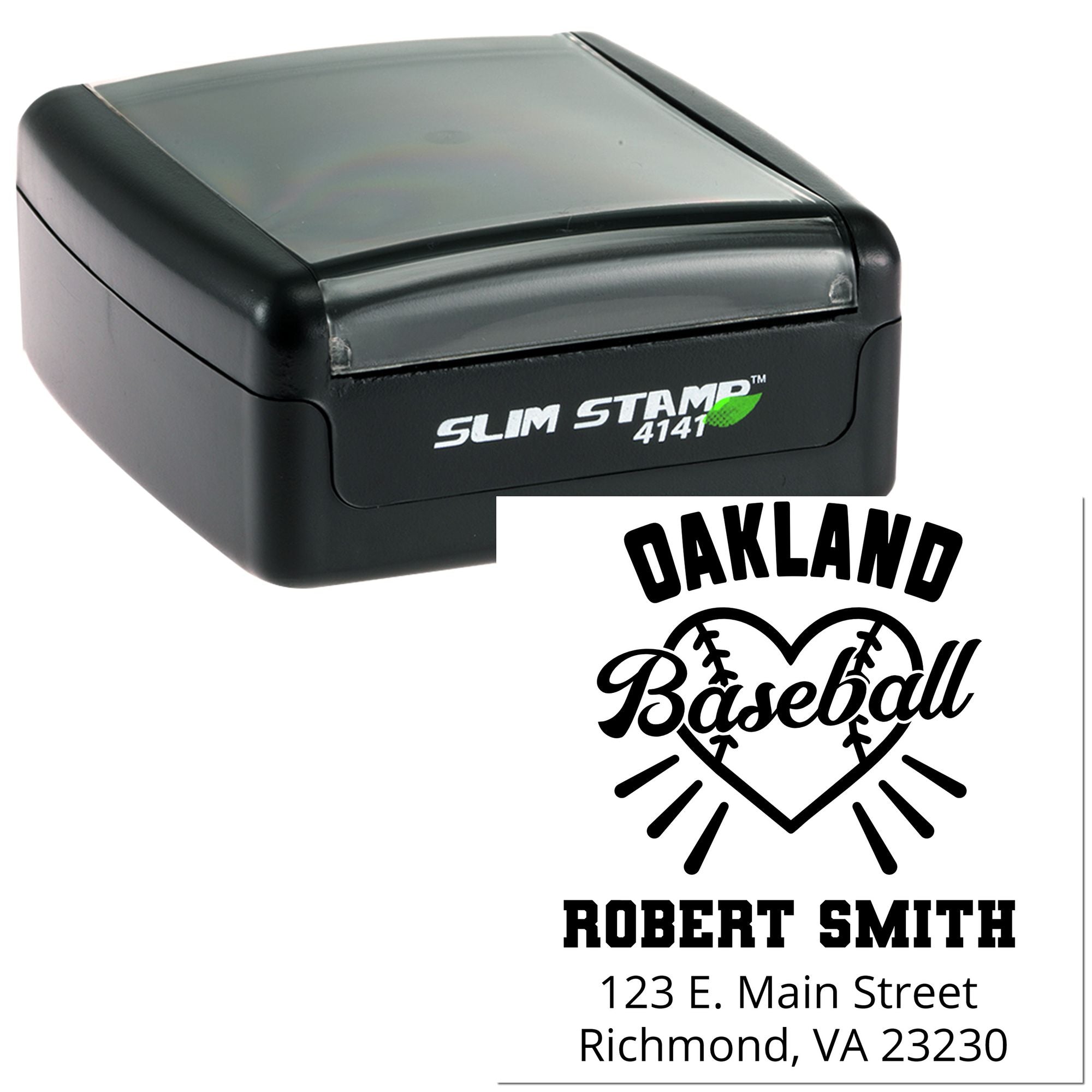 Custom baseball address rubber stamp for Oakland Baseball, Robert Smith, 123 E. Main Street, Richmond, VA 23230.