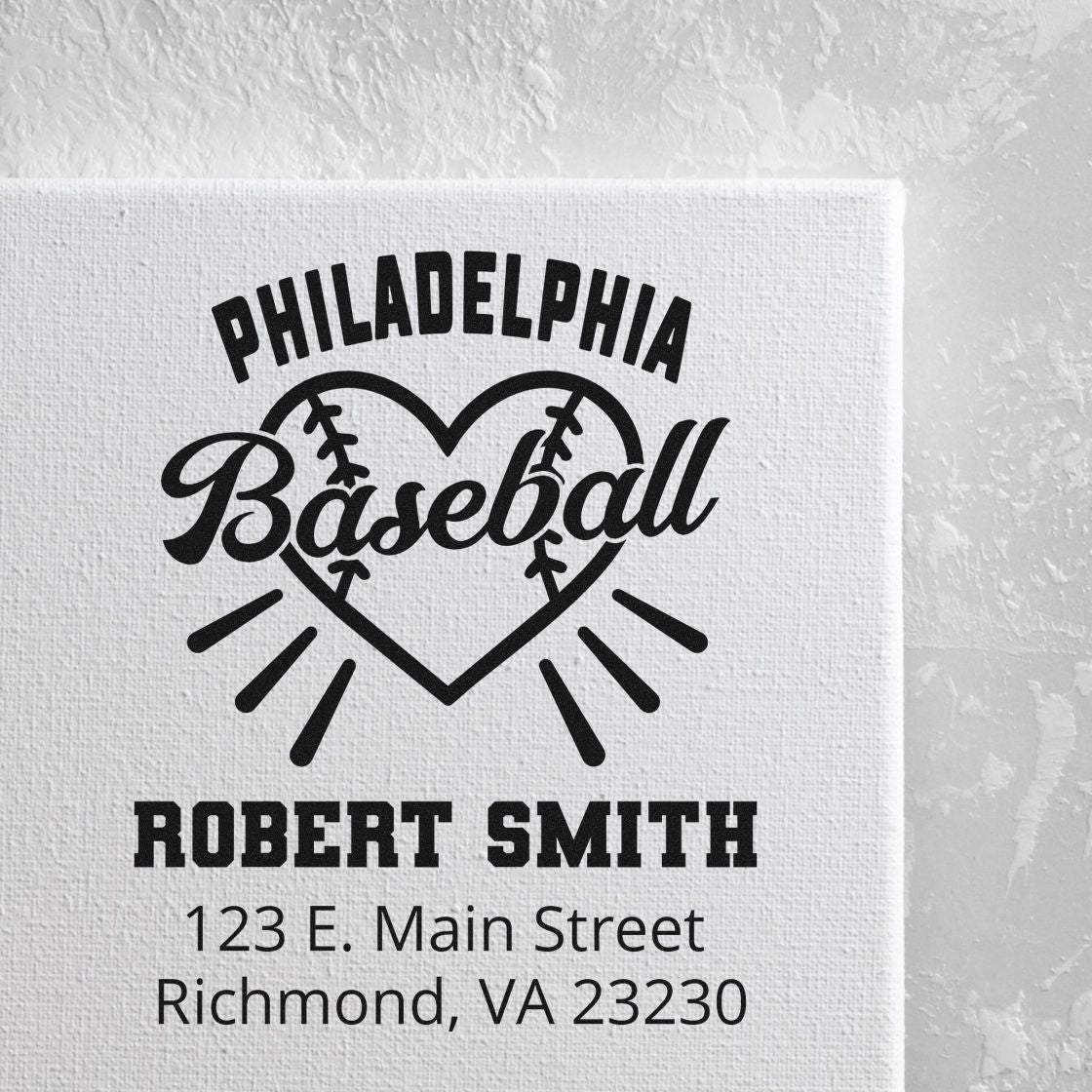 Custom Philadelphia baseball return address stamp featuring Robert Smith and Richmond, VA address.