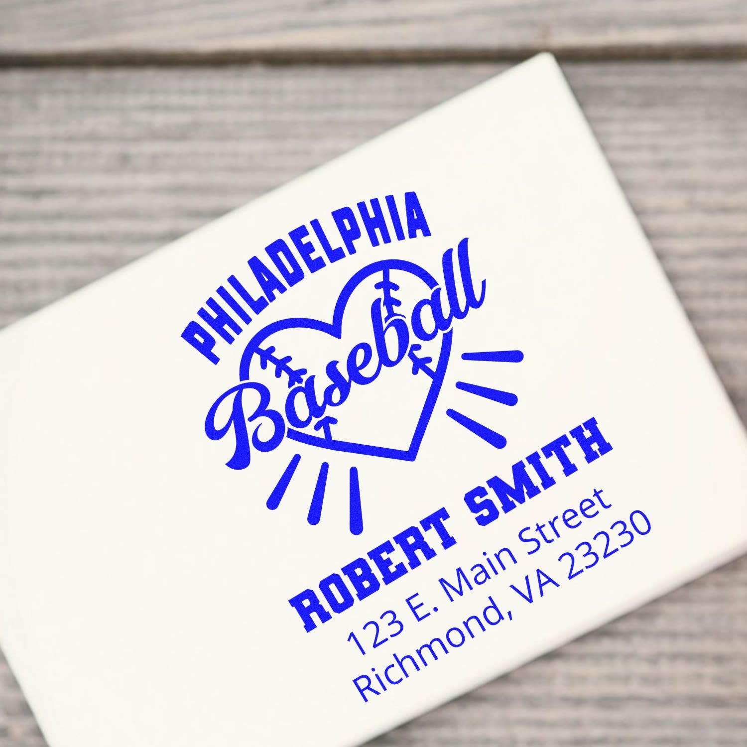 Custom Philadelphia Baseball return address rubber stamp for Robert Smith, with blue ink heart logo design.