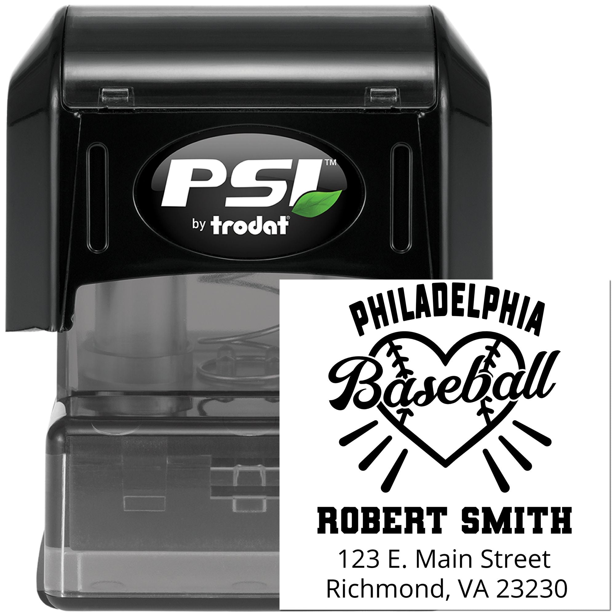 PSI by Trodat self-inking rubber stamp with custom Philadelphia baseball heart logo, name, and address imprint.