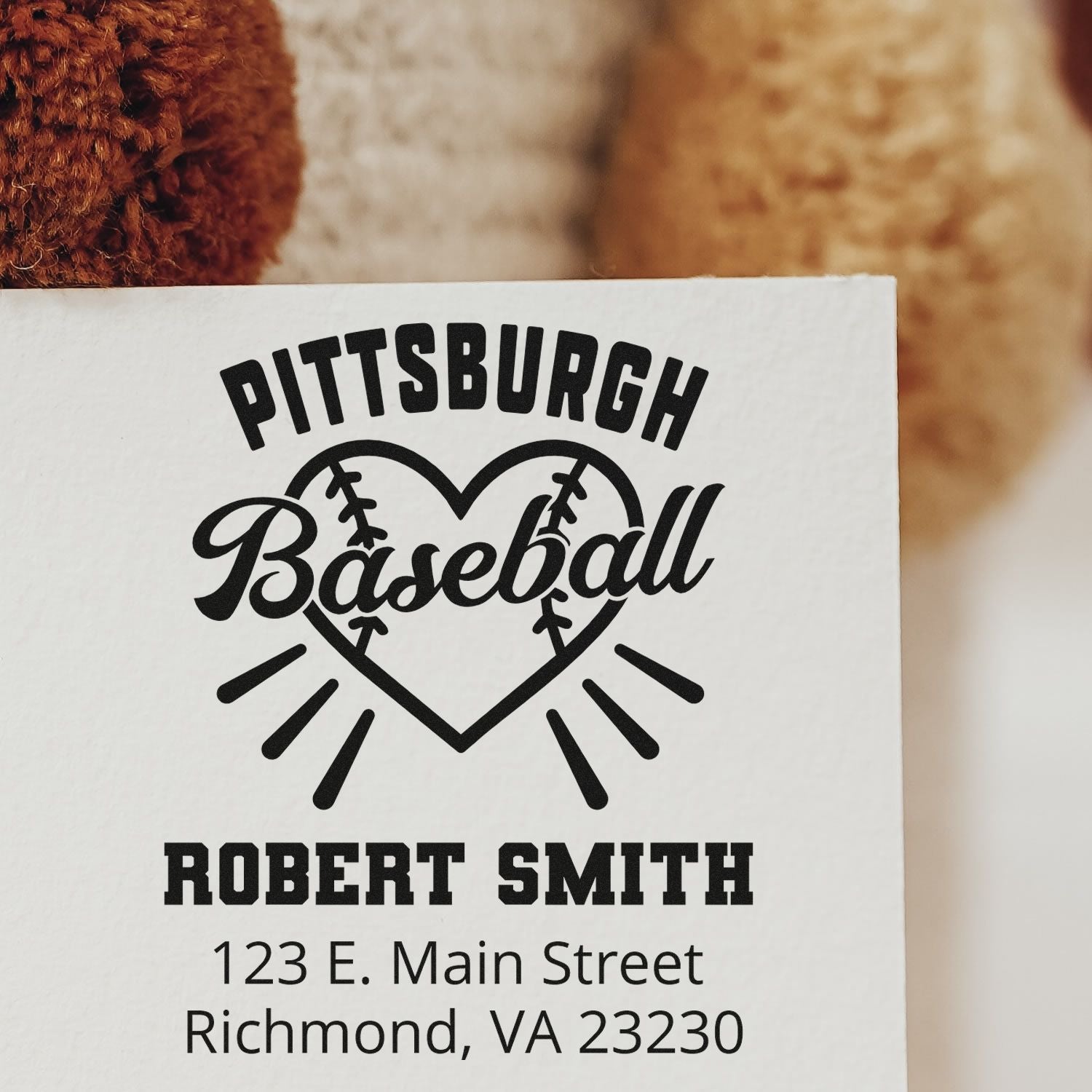 Custom Pittsburgh baseball rubber stamp with heart logo, name, and address for personalized sports mailing.