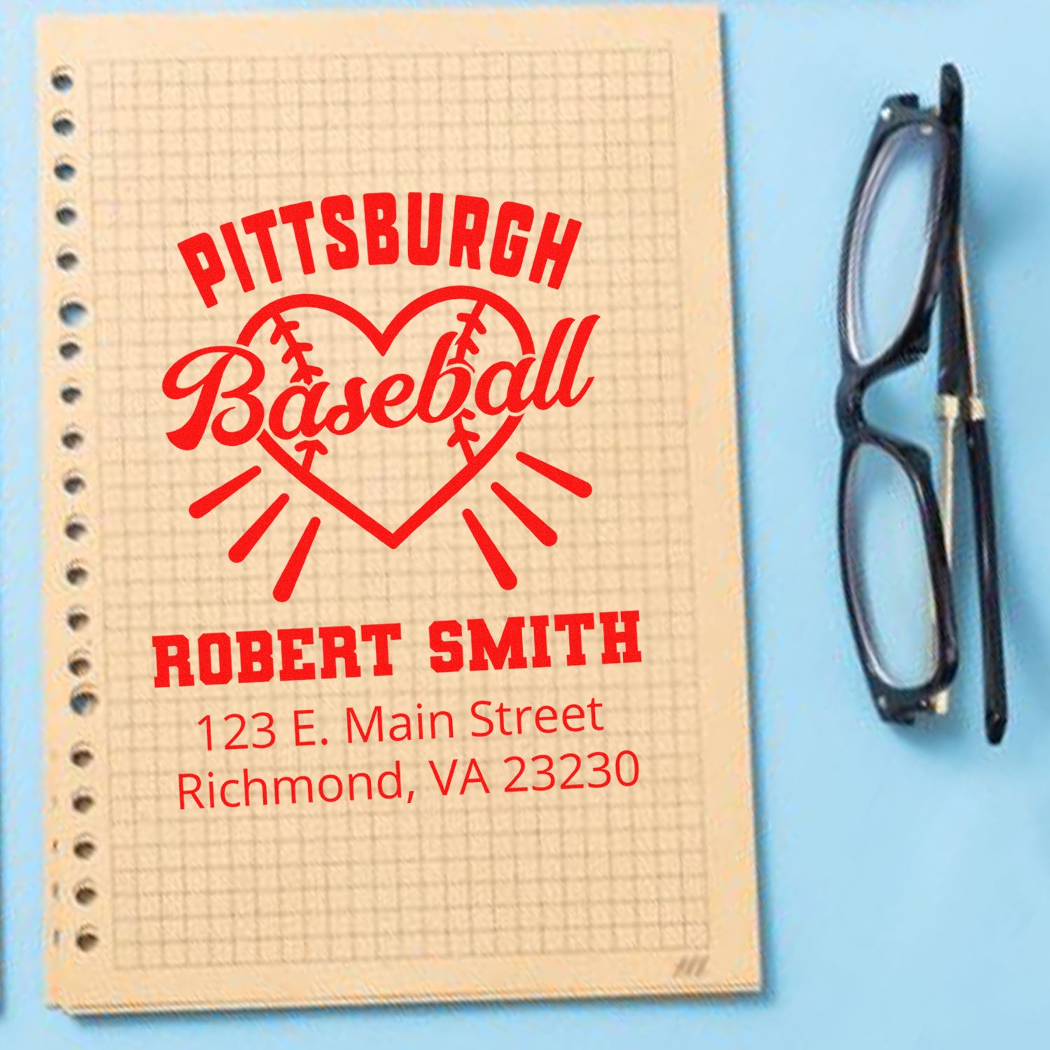 Custom baseball rubber stamp proof with Pittsburgh Baseball, Robert Smith, and Richmond VA address for personalized use.