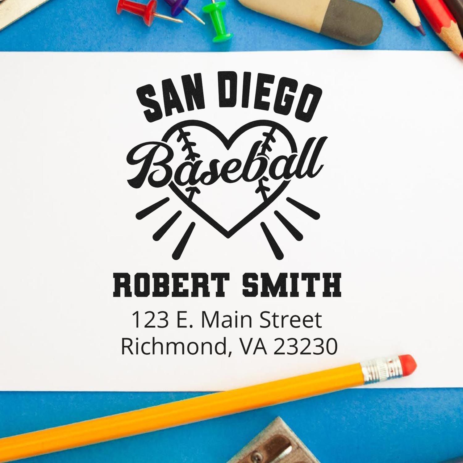 Custom baseball rubber stamp design for San Diego Baseball, featuring Robert Smith and address for team branding or mailing.