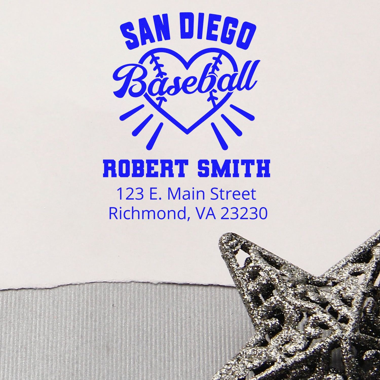 Custom rubber stamp for San Diego baseball, featuring name and address for personalized branding and mailing.