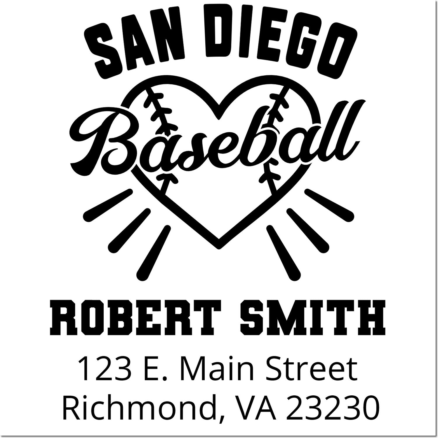 Personalized San Diego baseball rubber stamp design with heart logo, Robert Smith, and Richmond, VA address