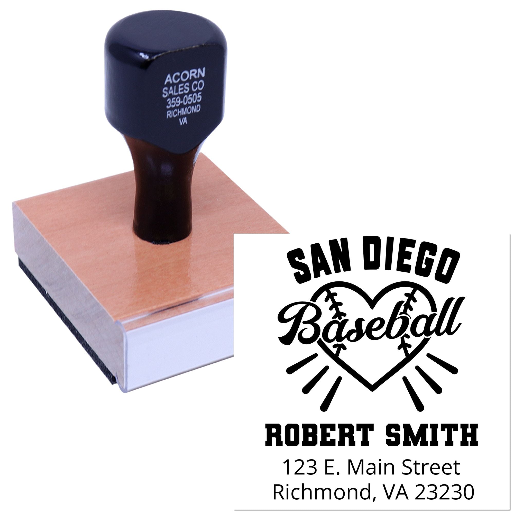 Custom rubber return address stamp with San Diego baseball design for Robert Smith, 123 E. Main Street, Richmond, VA 23230.
