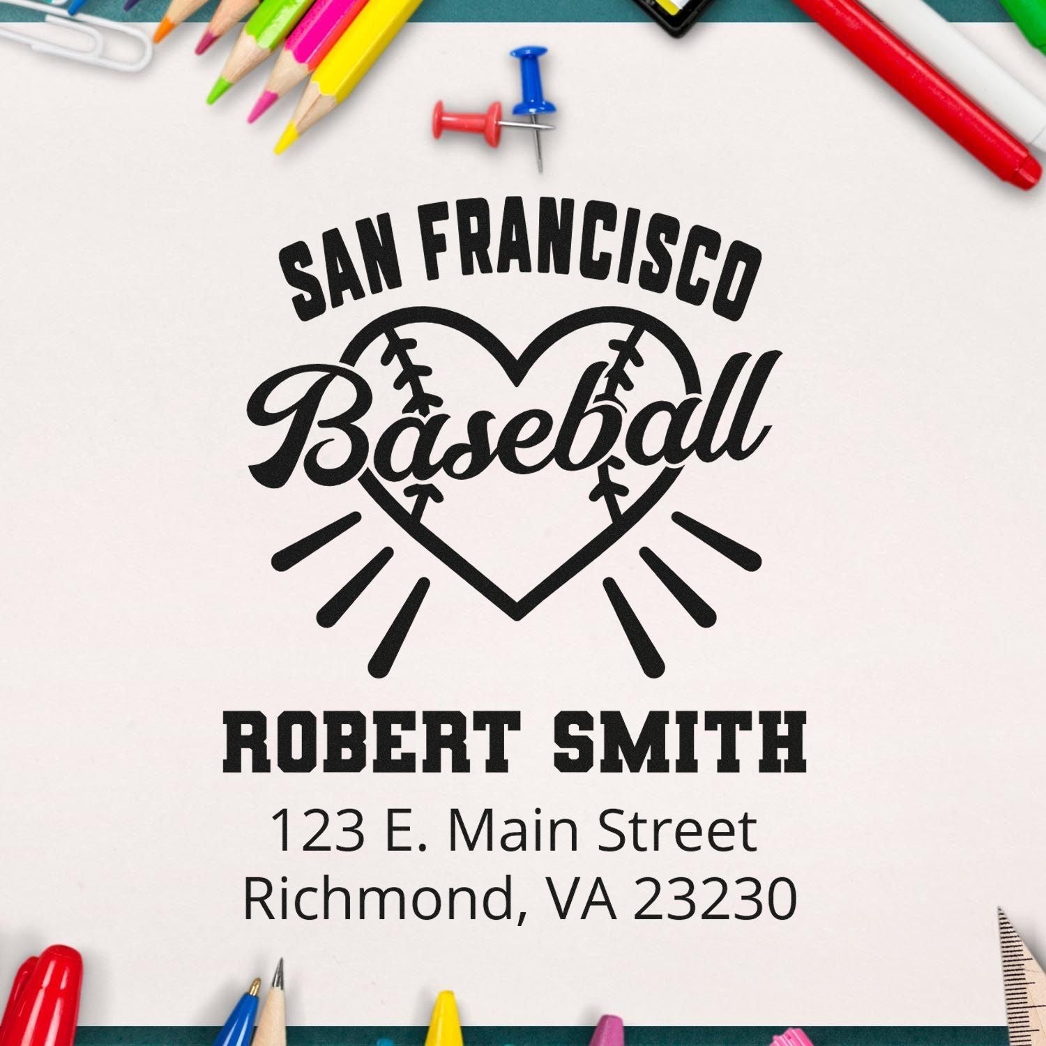 Custom baseball address stamp with San Francisco heart logo, name, and address for personalized stationery.