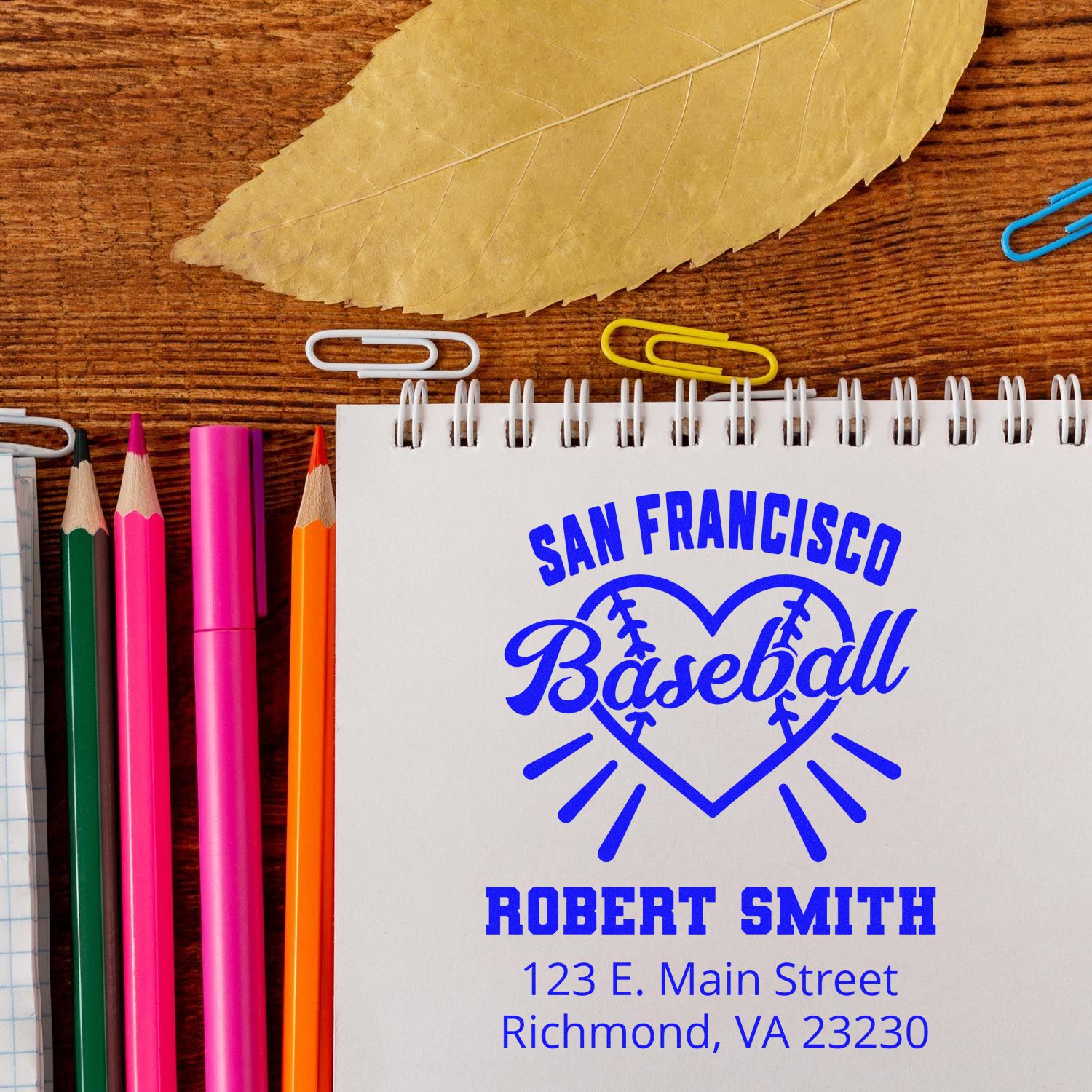 Custom baseball rubber stamp proof with San Francisco heart design, personalized with Robert Smith name and return address.