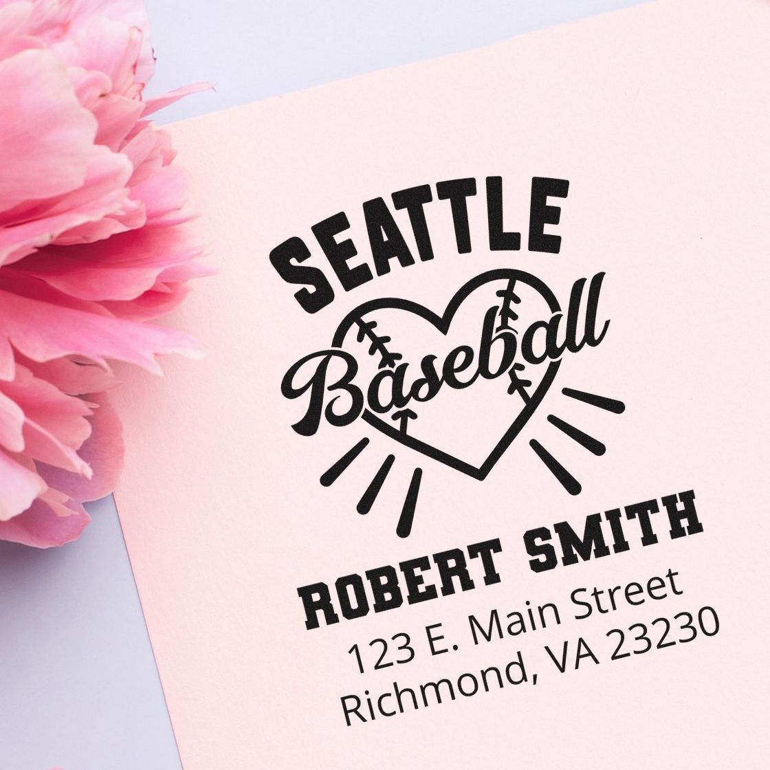 Custom Seattle Baseball rubber stamp with Robert Smith name and address for personalized stationery, gifts, or fan mail.