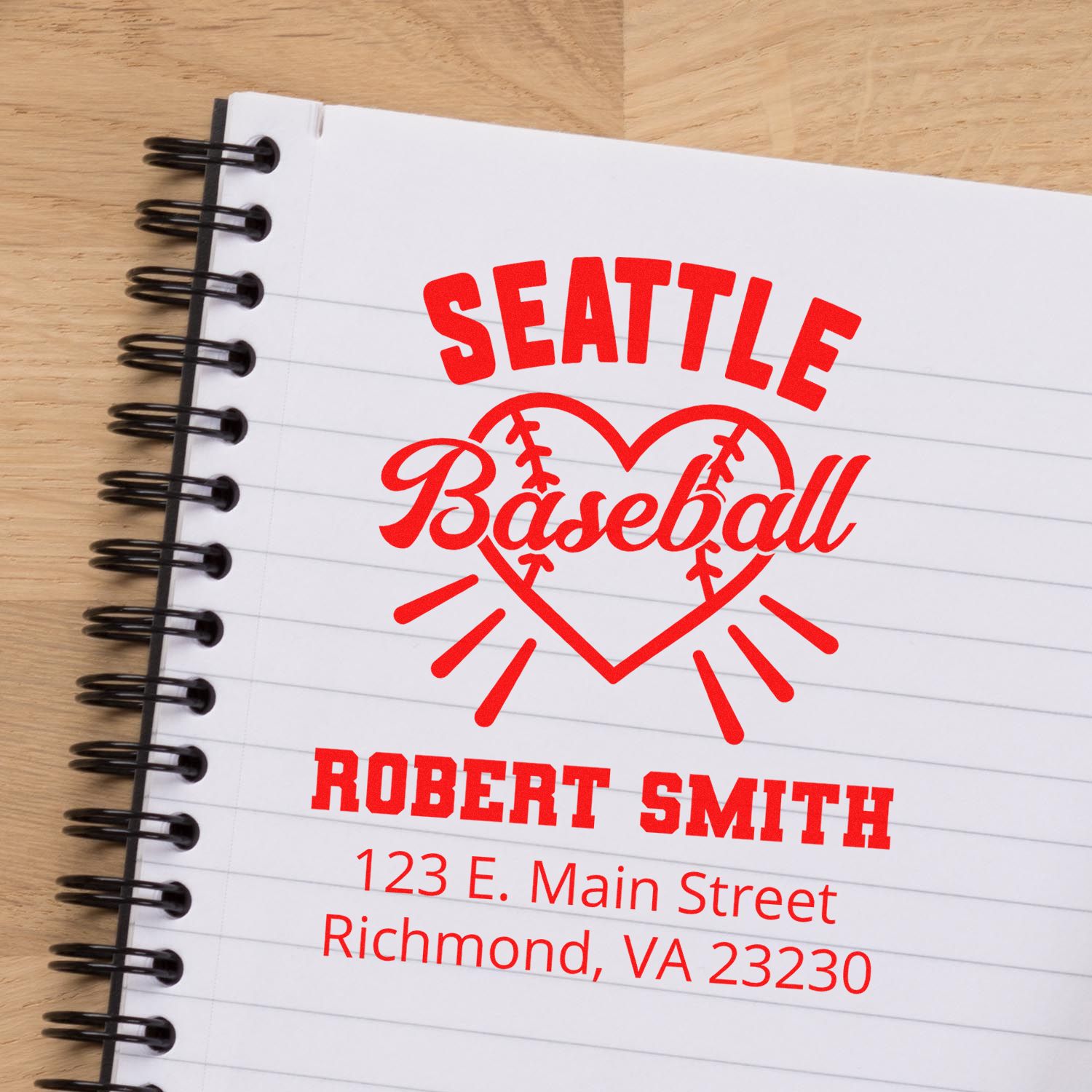 Custom Seattle Baseball address rubber stamp with Robert Smith name and Richmond, VA mailing details.