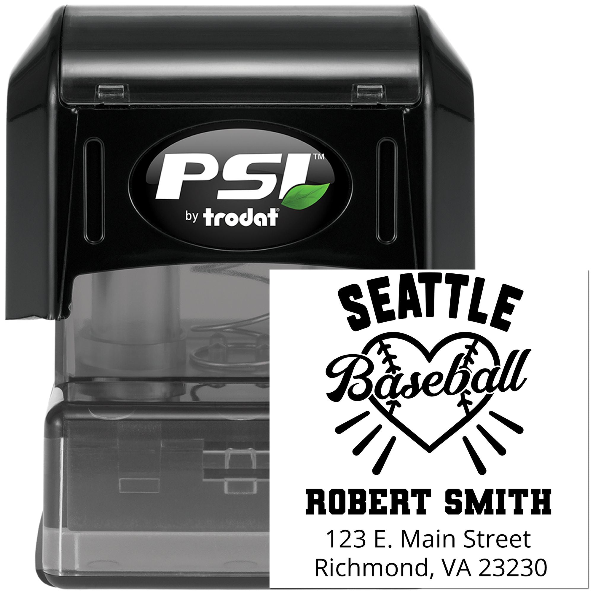 PSI by Trodat self-inking rubber stamp with custom baseball return address design for personalized name and address imprint.