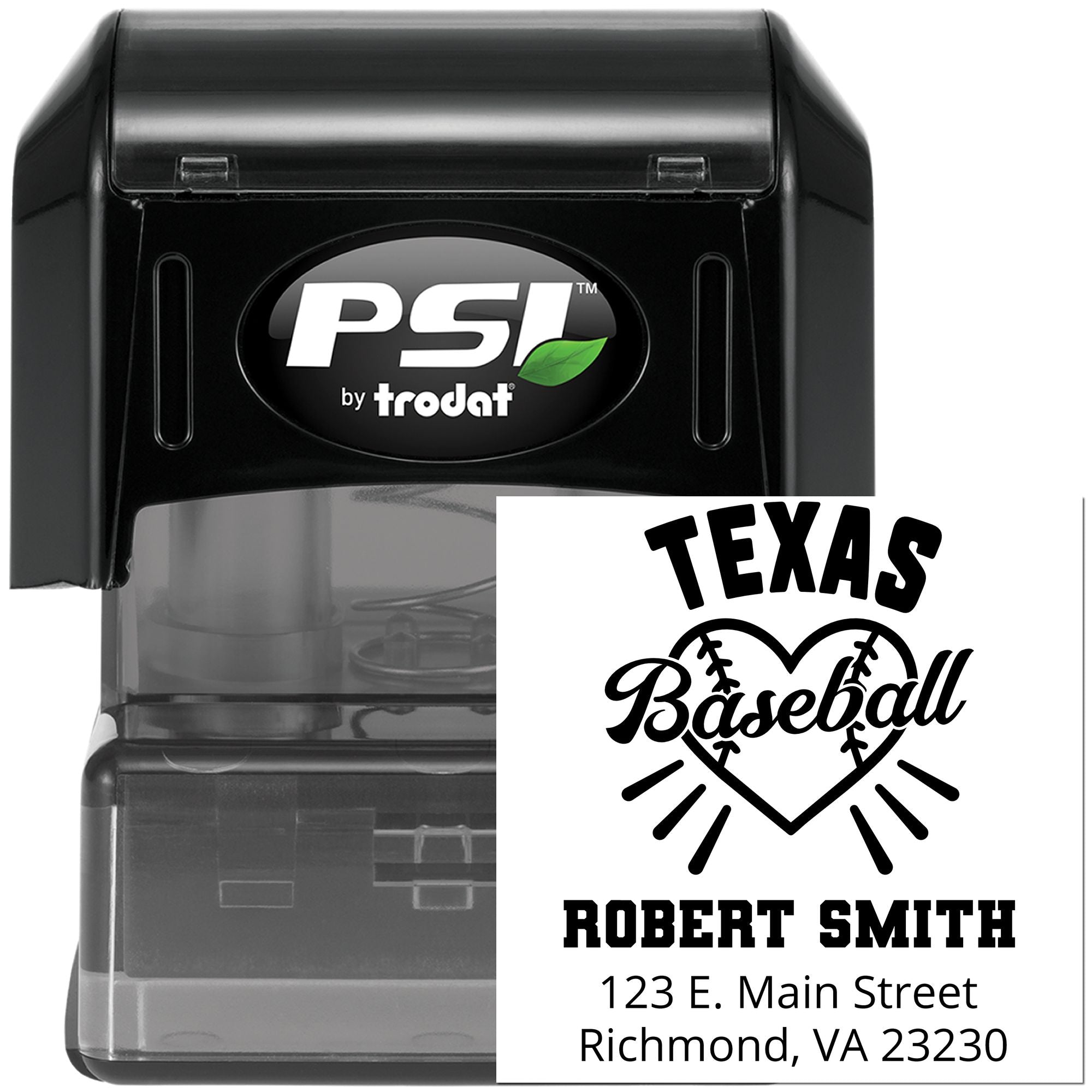 Custom self-inking rubber stamp by PSI Trodat with Texas baseball address design for Robert Smith.