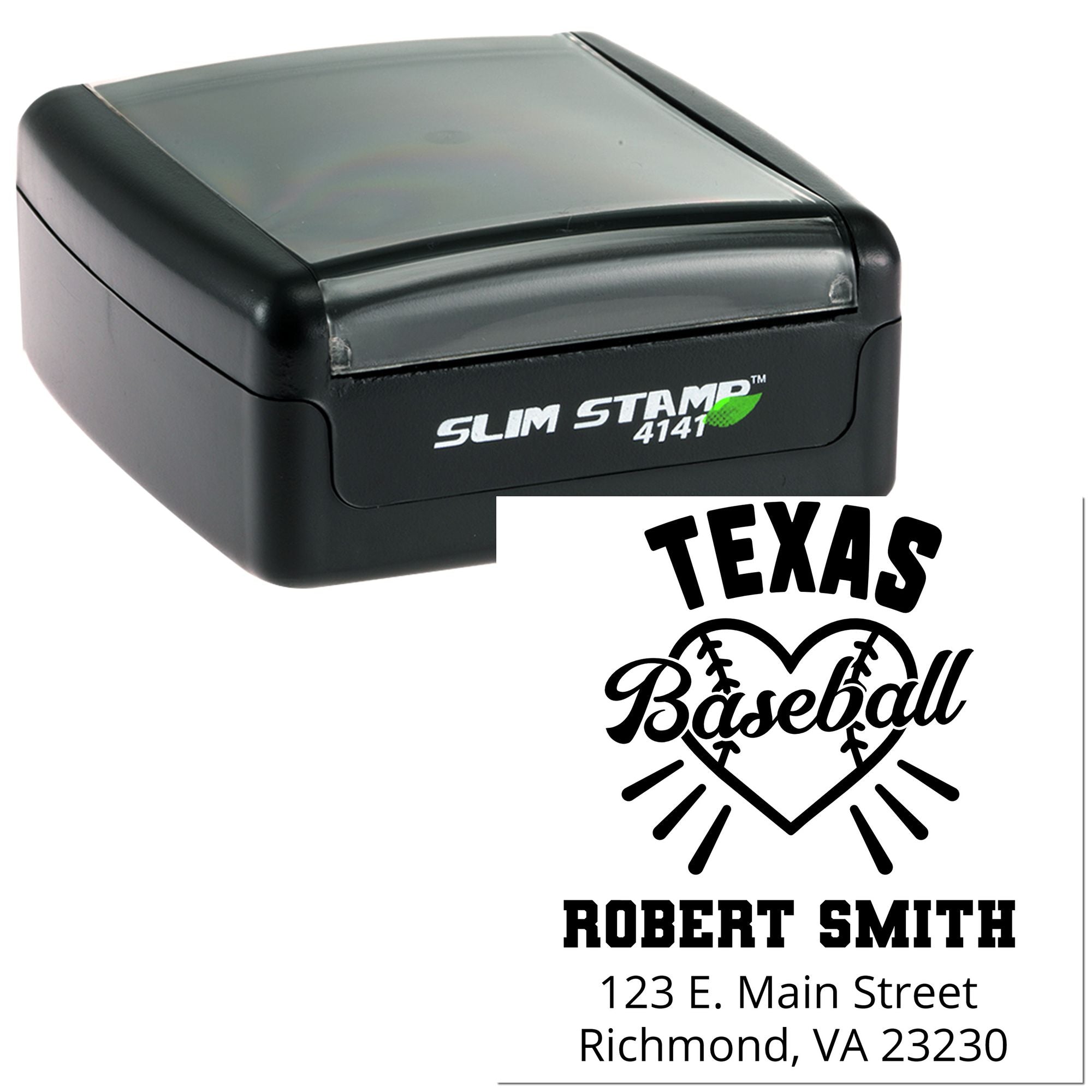 Custom self-inking rubber stamp with Texas baseball design, name, and address for personalized return mailing.