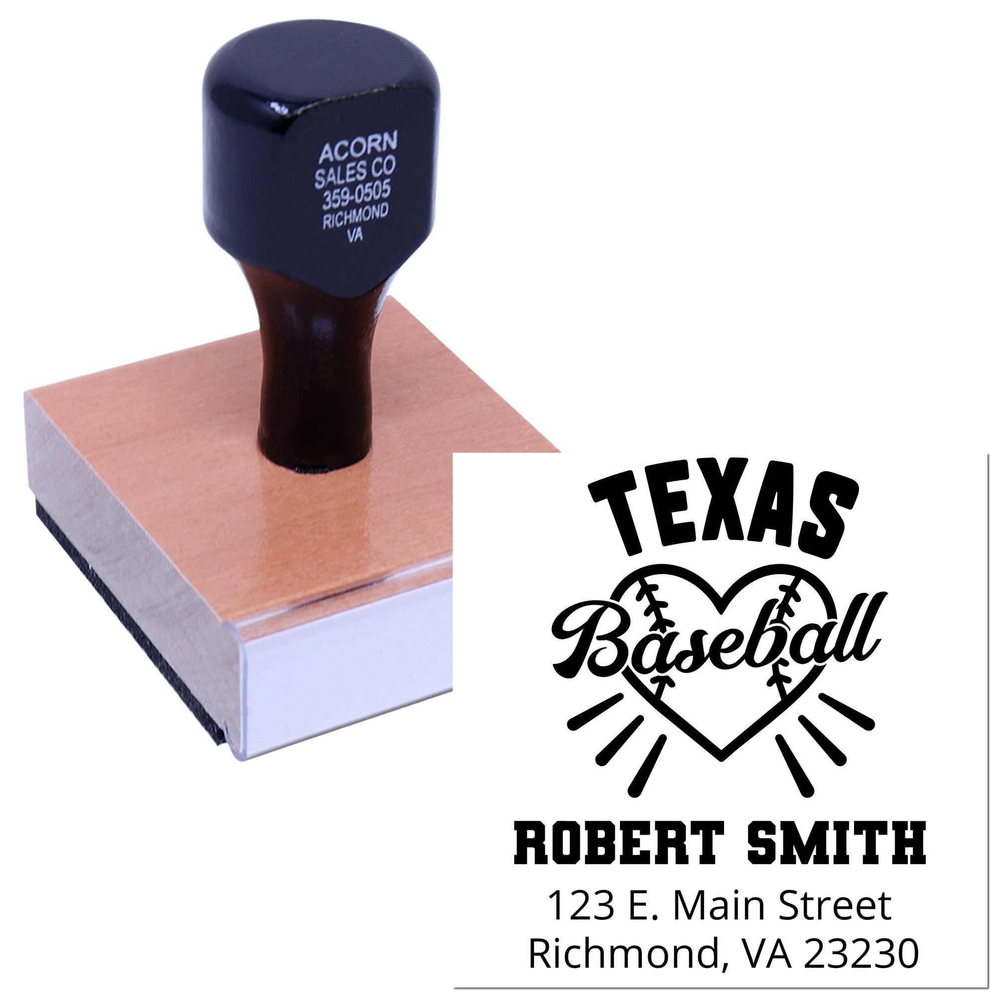 Custom Texas baseball rubber stamp with name, address and logo for personalized return address or team merch.