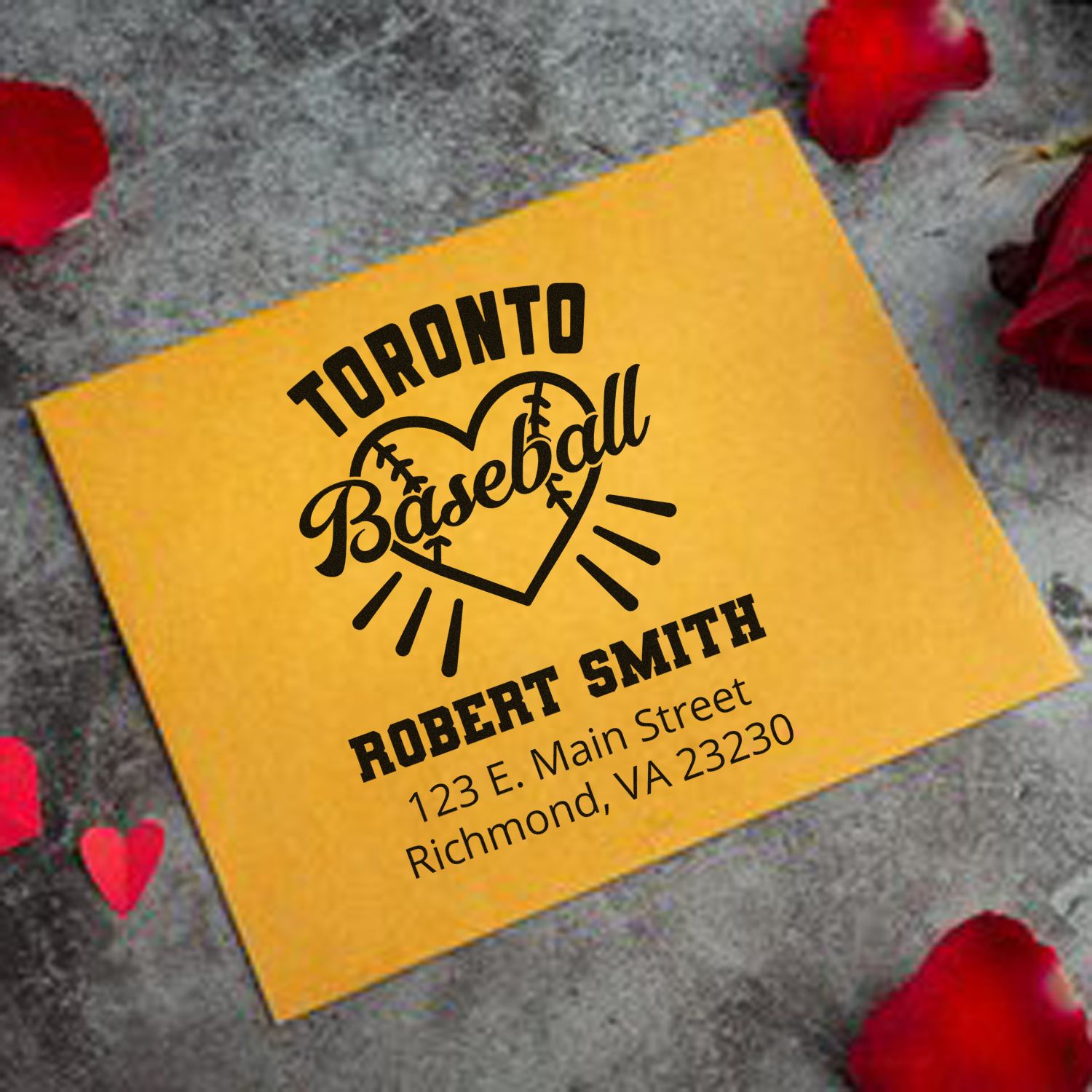 Custom Toronto baseball return address rubber stamp with heart logo, used on a yellow envelope for Robert Smith.