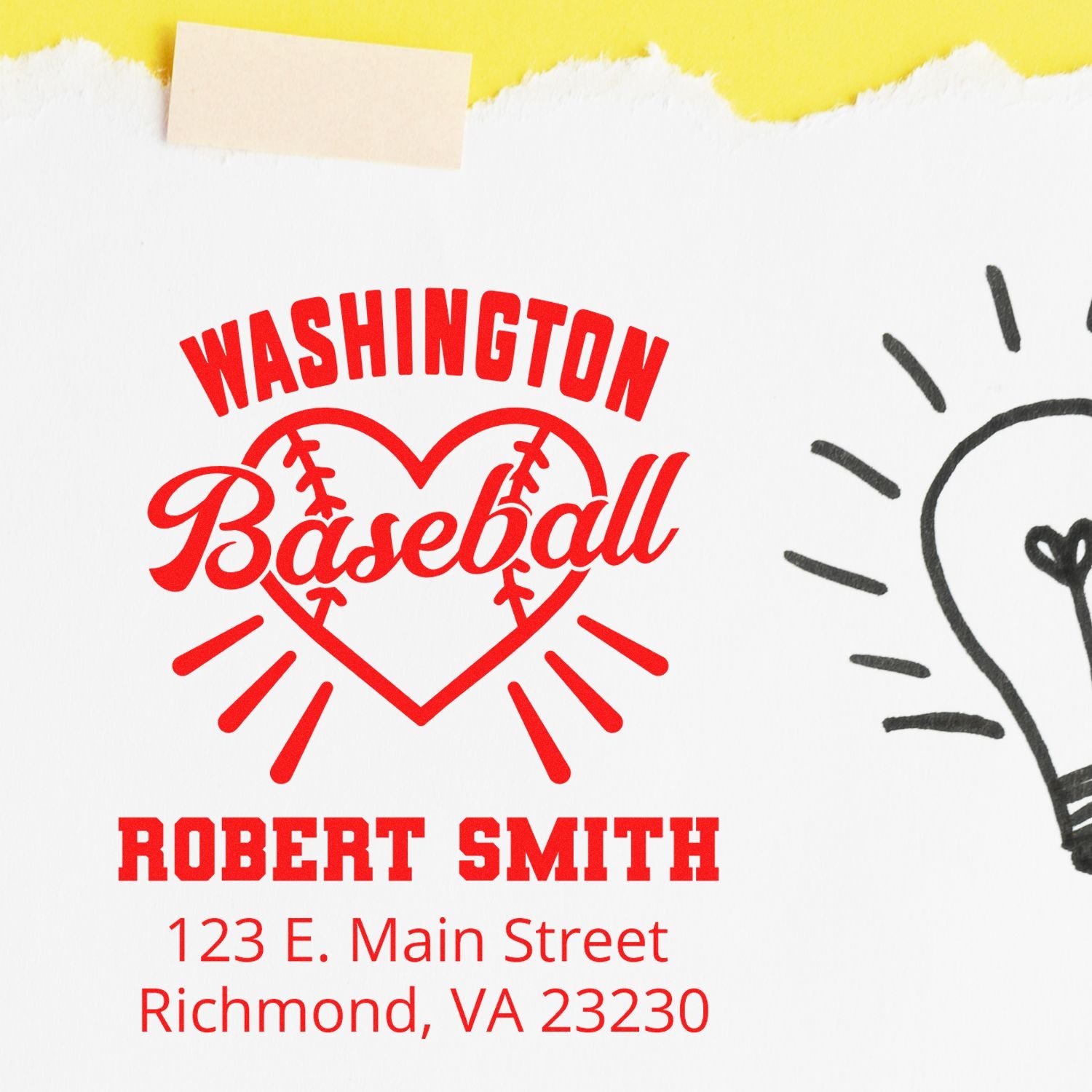 Custom Washington Baseball rubber stamp with personalized name and address for sports-themed mailing.